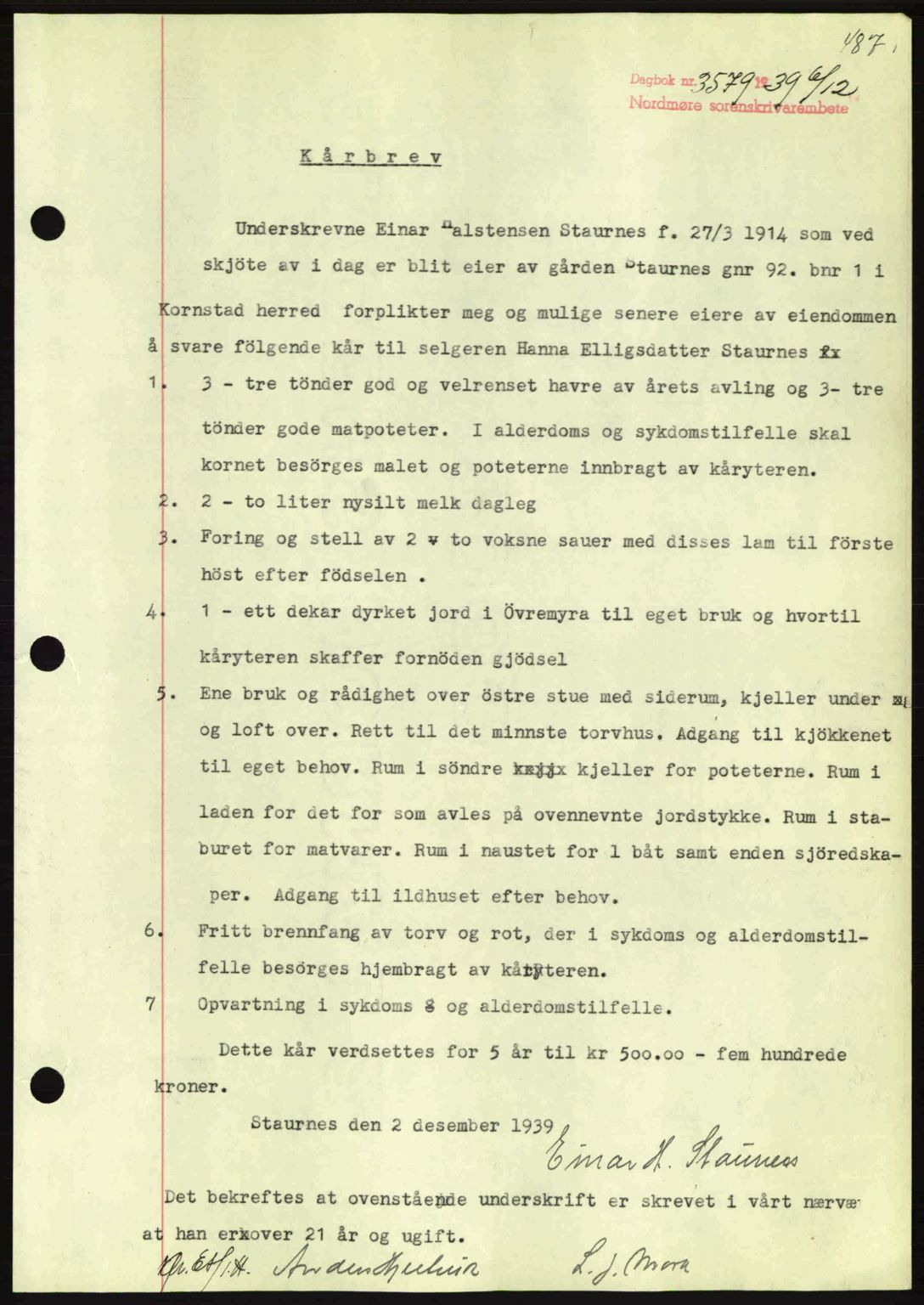 Nordmøre sorenskriveri, AV/SAT-A-4132/1/2/2Ca: Mortgage book no. B86, 1939-1940, Diary no: : 3579/1939