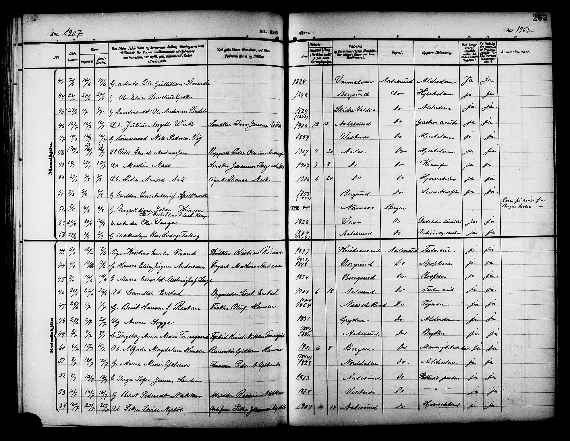 Ministerialprotokoller, klokkerbøker og fødselsregistre - Møre og Romsdal, AV/SAT-A-1454/529/L0470: Parish register (copy) no. 529C07, 1907-1917, p. 263