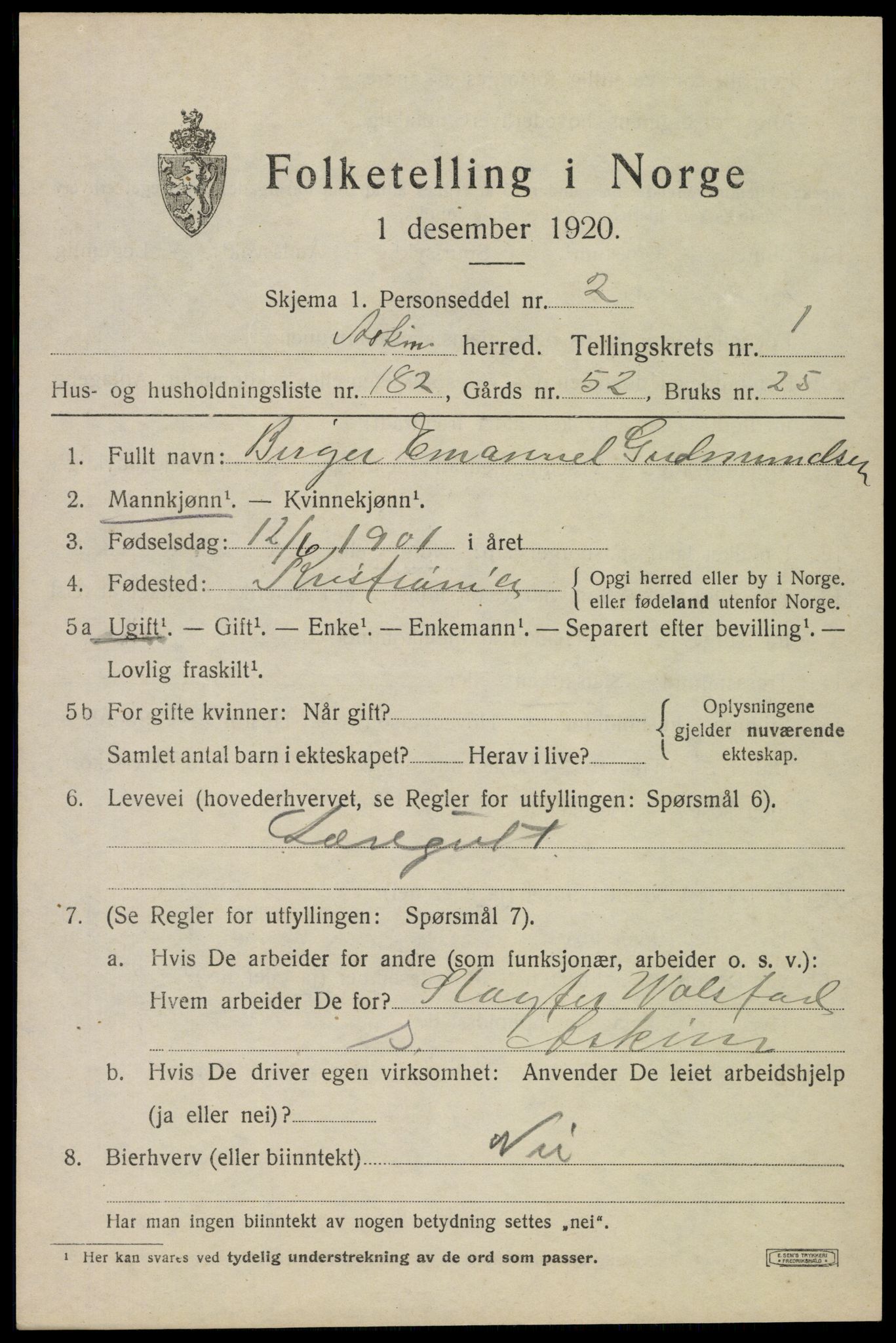 SAO, 1920 census for Askim, 1920, p. 4553