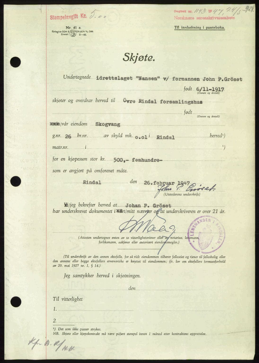 Nordmøre sorenskriveri, AV/SAT-A-4132/1/2/2Ca: Mortgage book no. A104, 1947-1947, Diary no: : 1143/1947