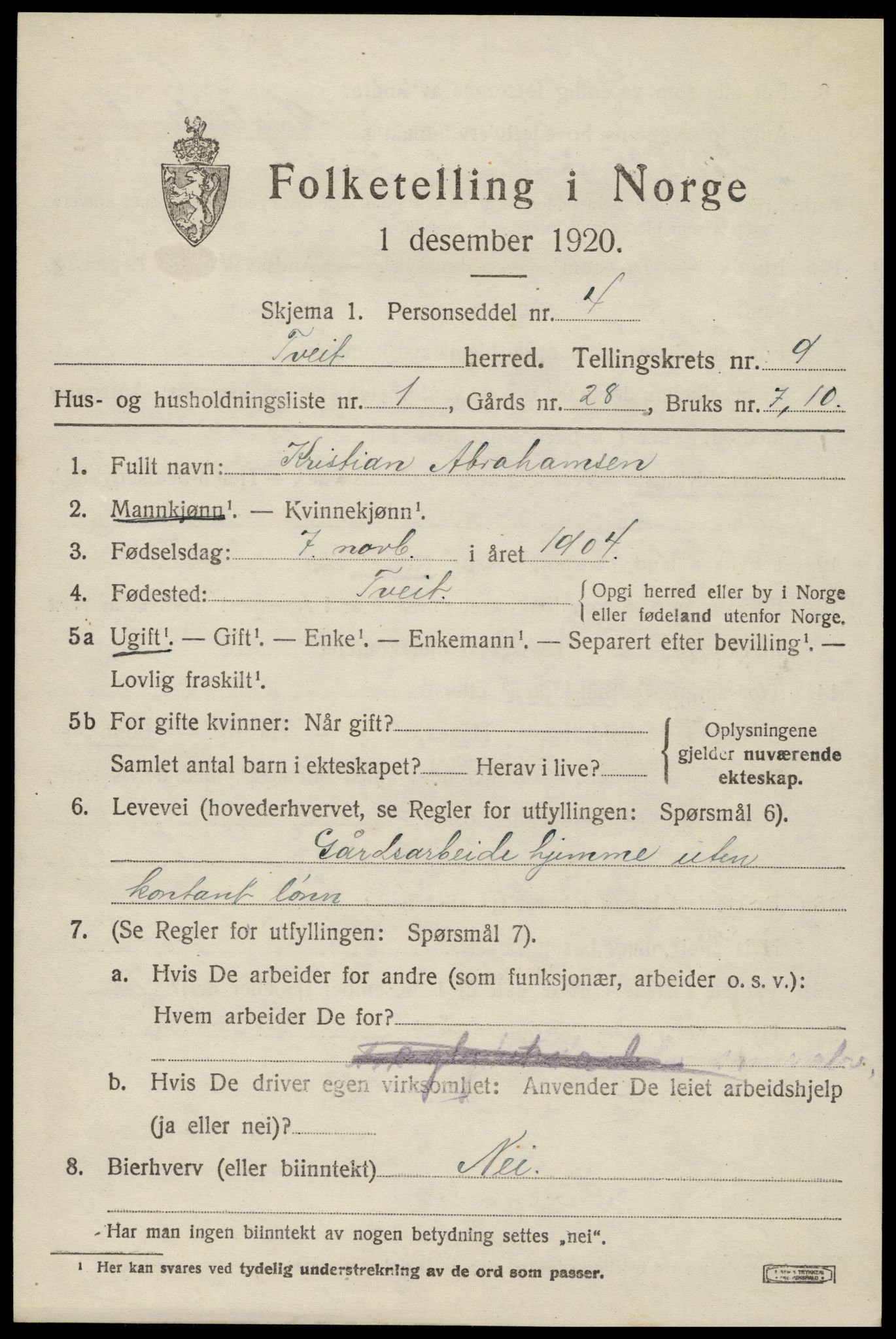 SAK, 1920 census for Tveit, 1920, p. 3874