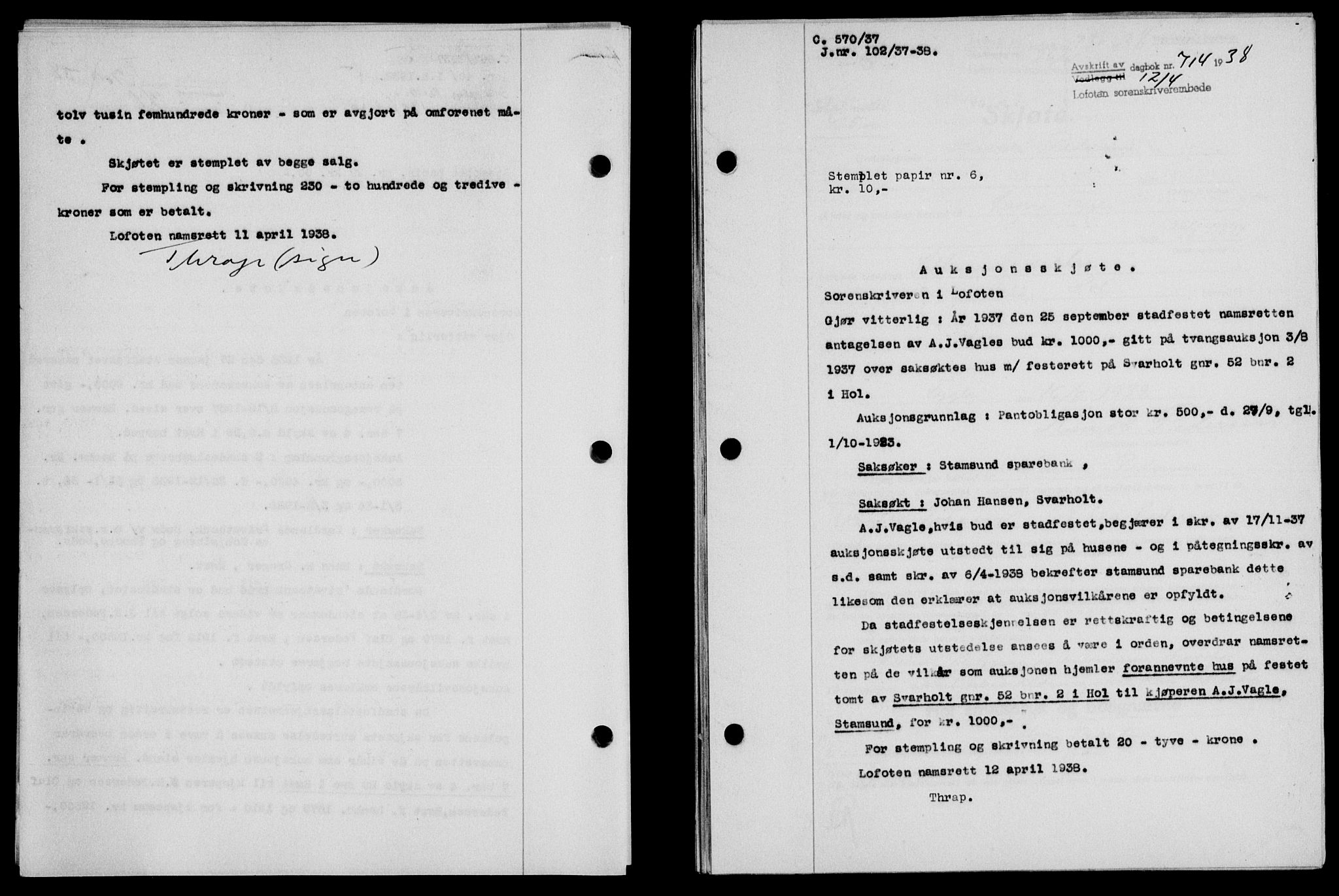 Lofoten sorenskriveri, SAT/A-0017/1/2/2C/L0004a: Mortgage book no. 4a, 1938-1938, Diary no: : 714/1938