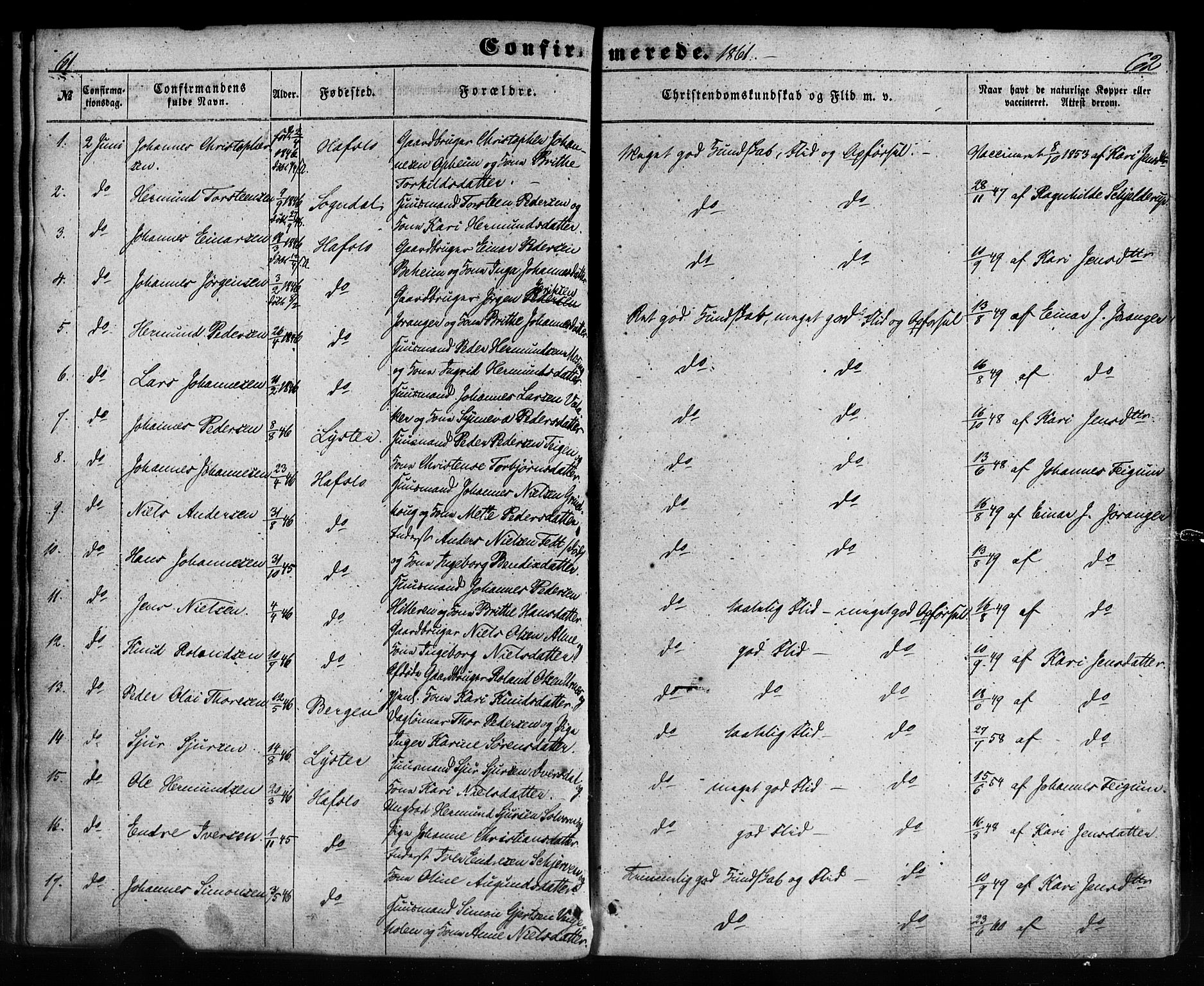 Hafslo sokneprestembete, SAB/A-80301/H/Haa/Haaa/L0012: Parish register (official) no. A 12, 1852-1885, p. 60-61