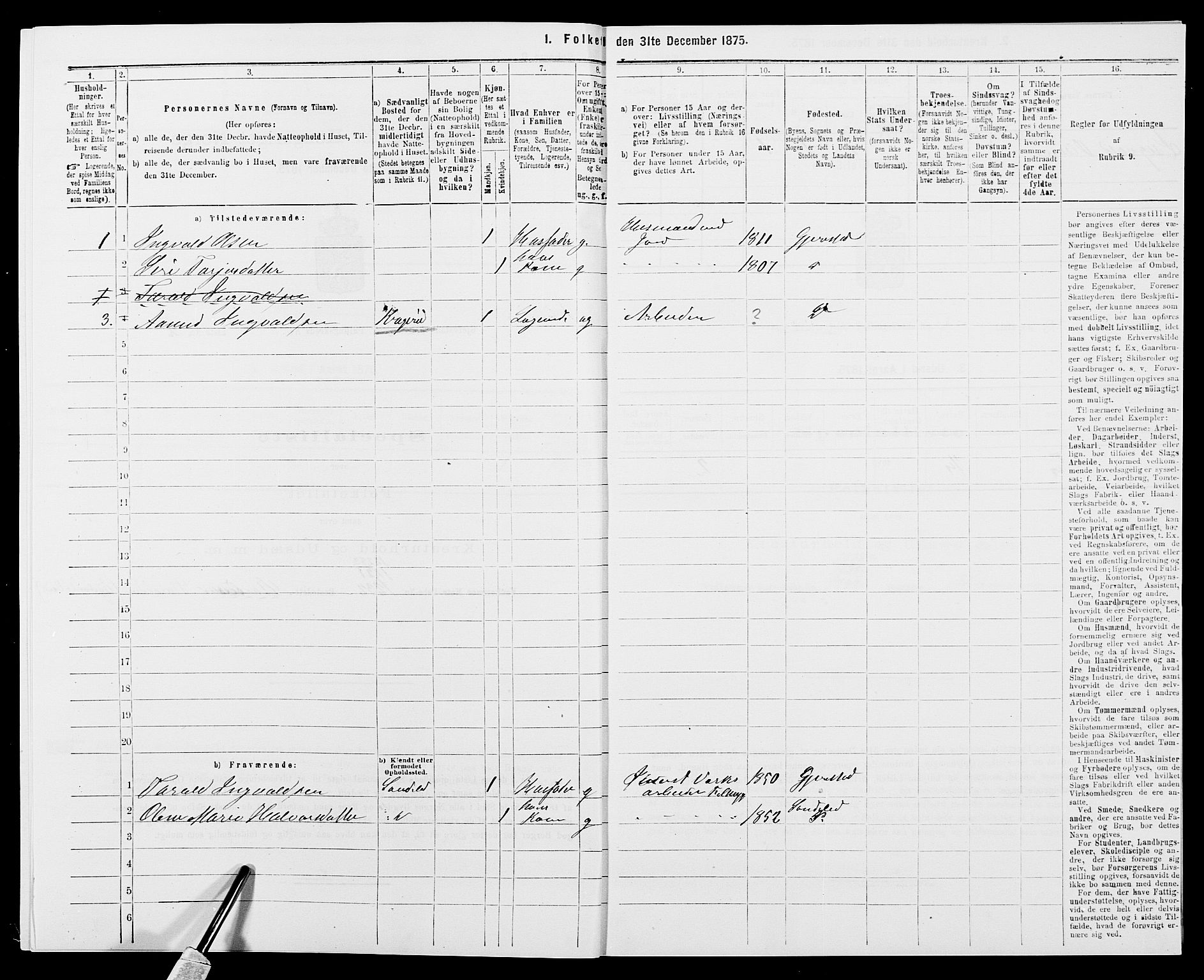 SAK, 1875 census for 0911P Gjerstad, 1875, p. 822