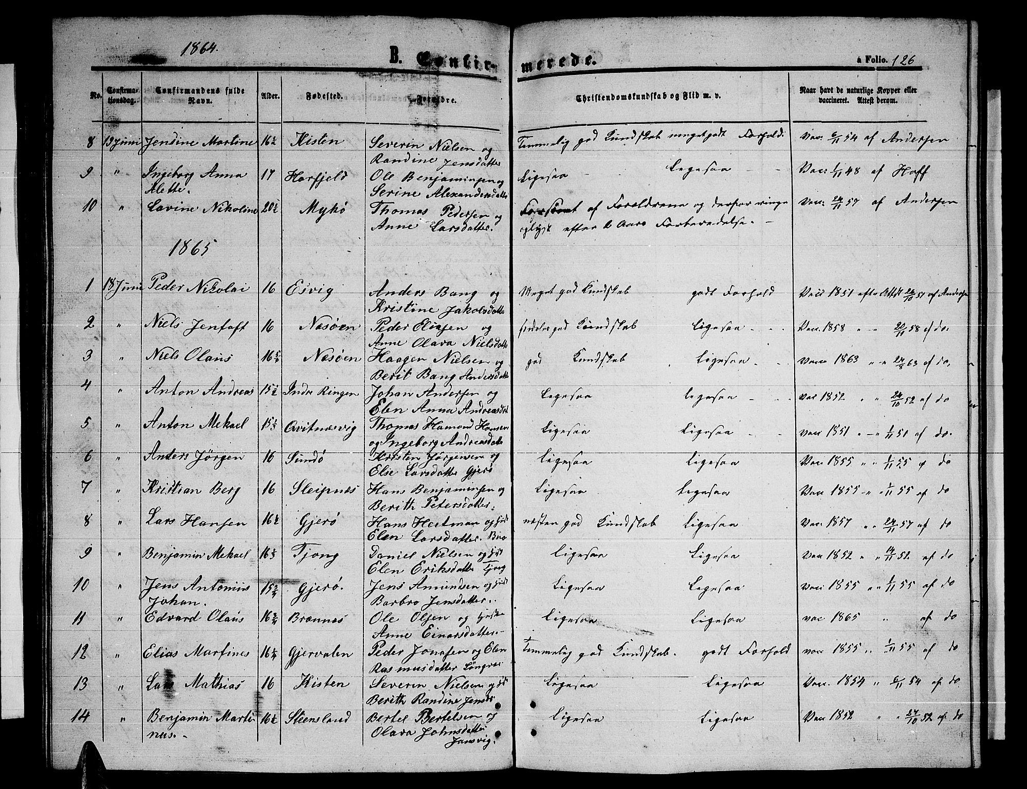 Ministerialprotokoller, klokkerbøker og fødselsregistre - Nordland, SAT/A-1459/841/L0619: Parish register (copy) no. 841C03, 1856-1876, p. 126