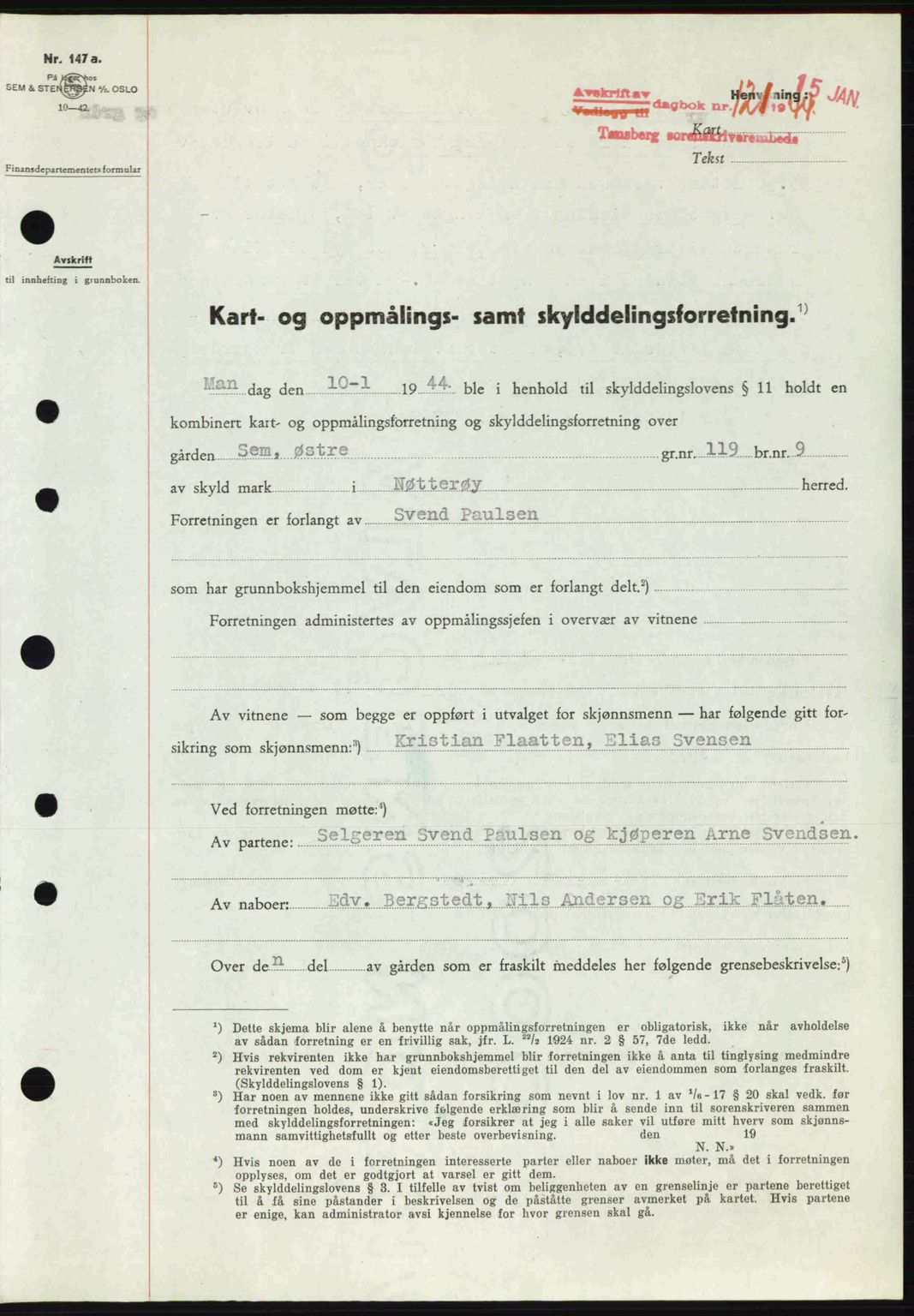 Tønsberg sorenskriveri, AV/SAKO-A-130/G/Ga/Gaa/L0014: Mortgage book no. A14, 1943-1944, Diary no: : 121/1944