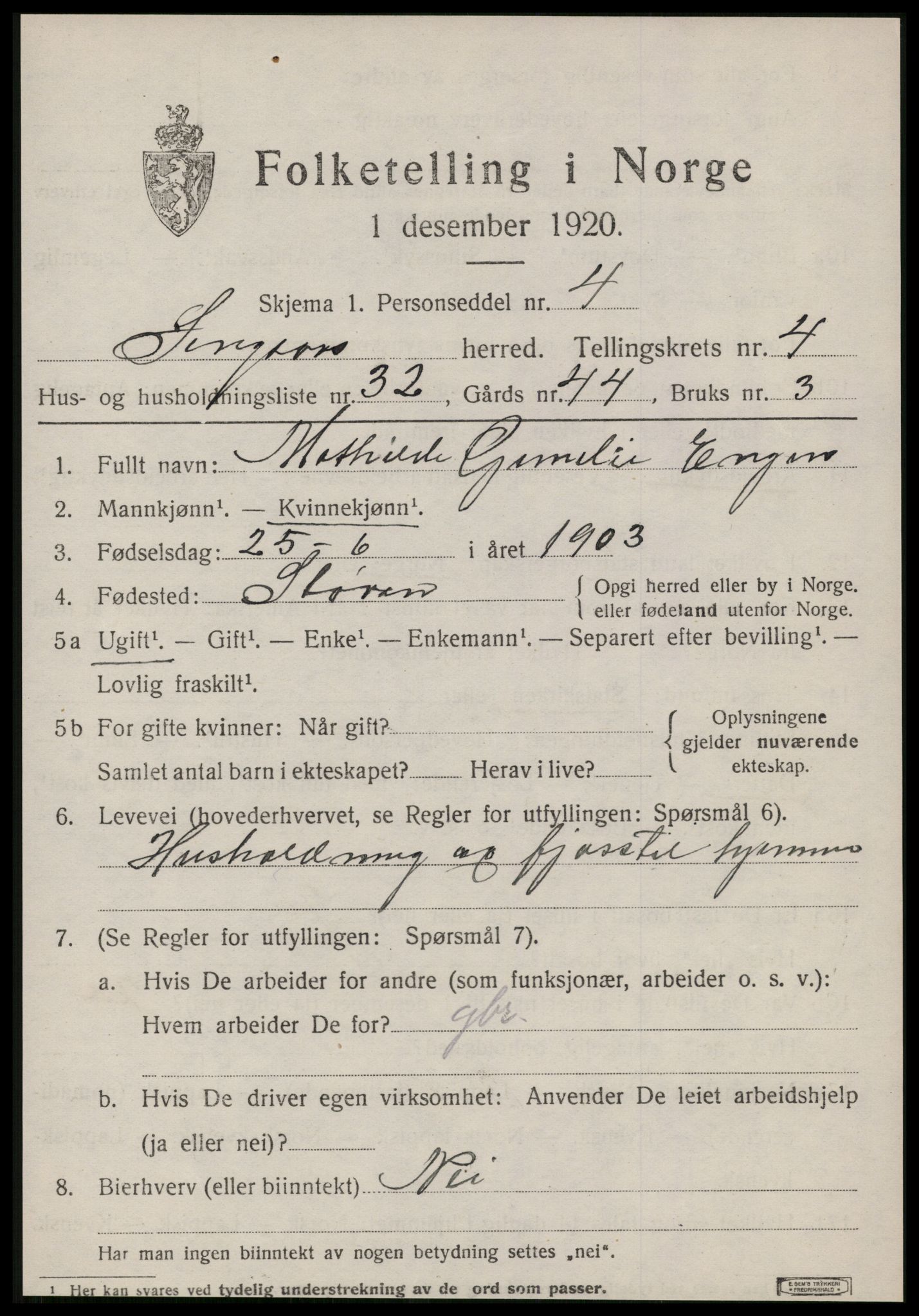 SAT, 1920 census for Singsås, 1920, p. 2481