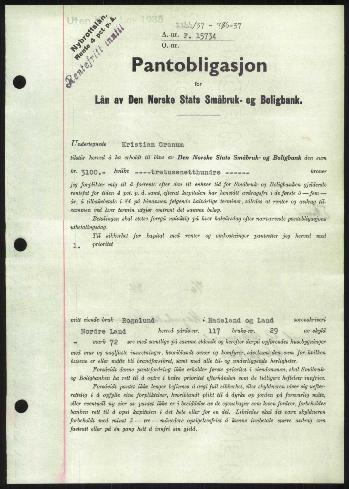 Hadeland og Land tingrett, SAH/TING-010/H/Hb/Hbc/L0002: Mortgage book no. B2, 1936-1937, Diary no: : 1144/1937