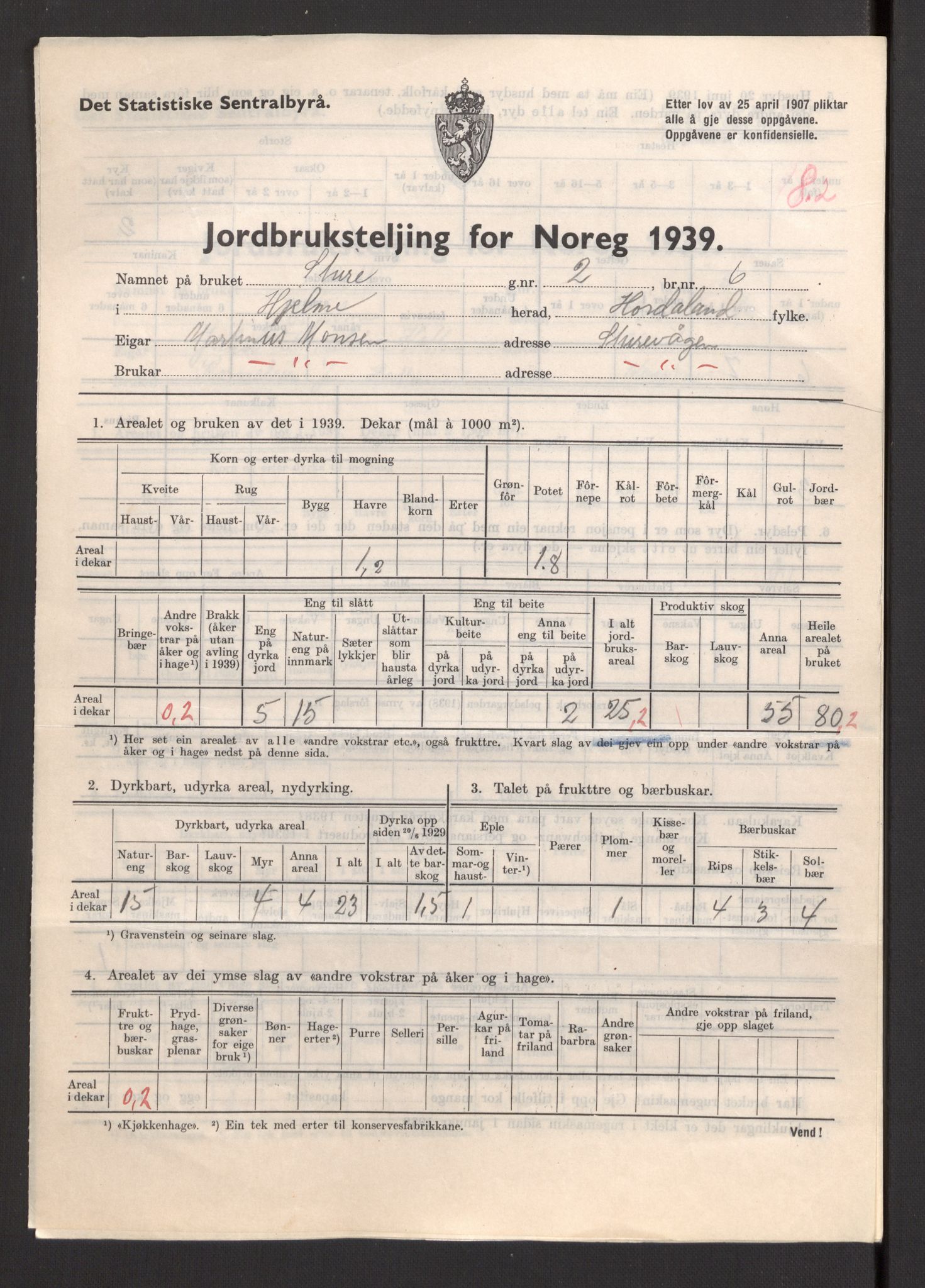 Statistisk sentralbyrå, Næringsøkonomiske emner, Jordbruk, skogbruk, jakt, fiske og fangst, AV/RA-S-2234/G/Gb/L0211: Hordaland: Herdla, Hjelme og Manger, 1939, p. 1379