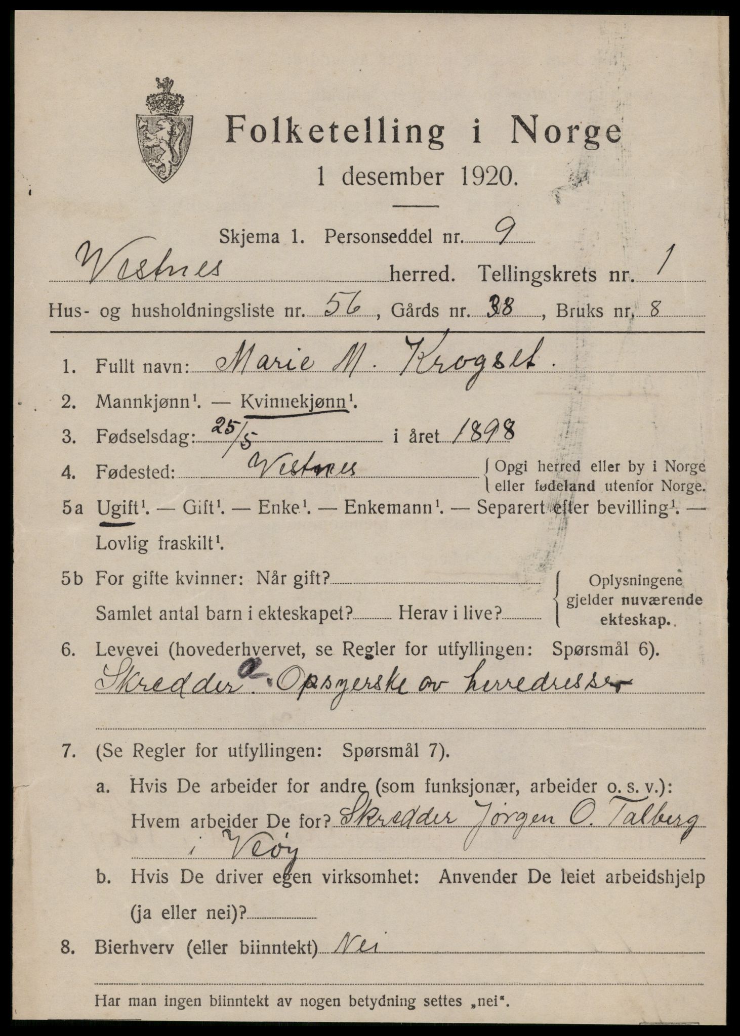 SAT, 1920 census for Vestnes, 1920, p. 1897
