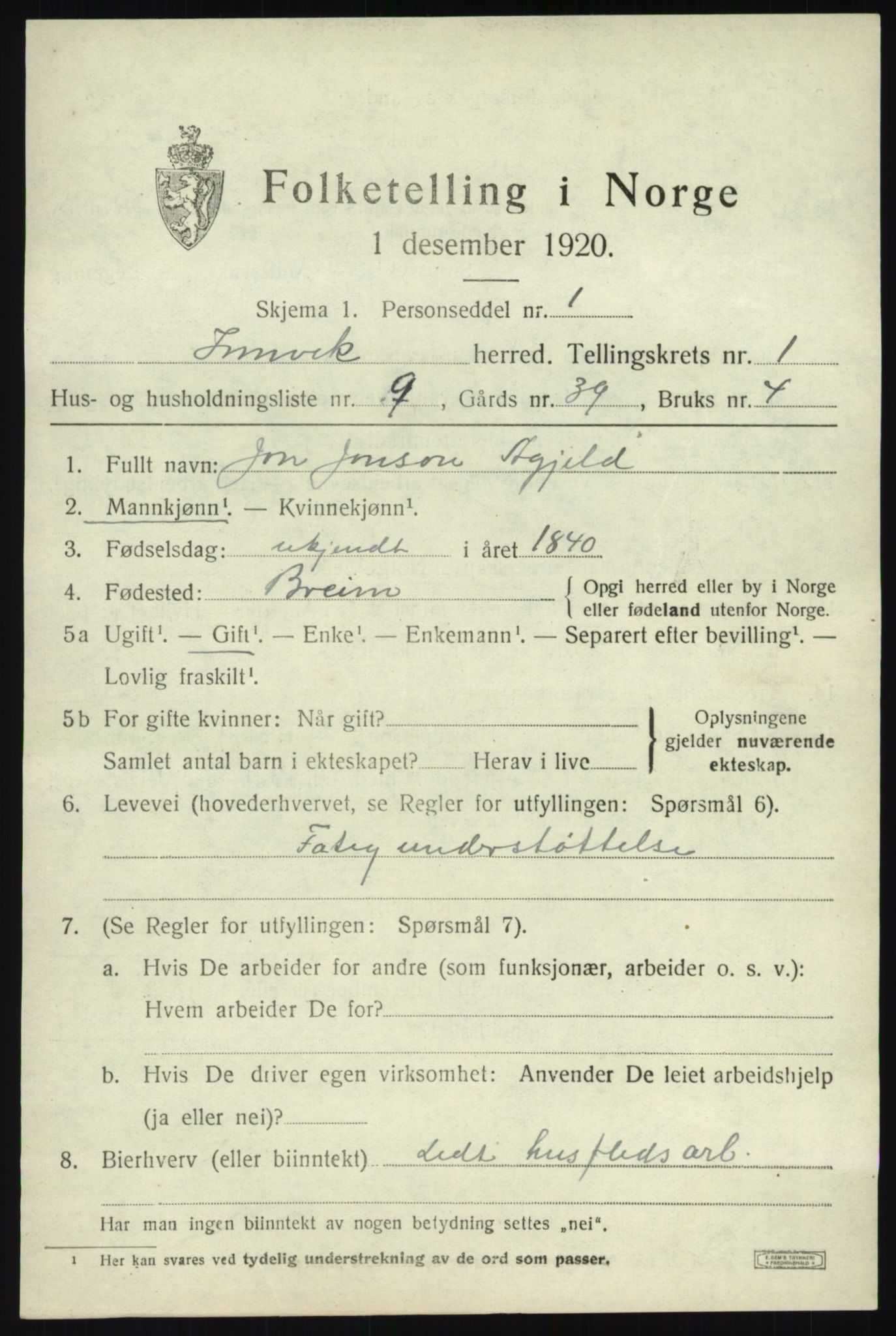 SAB, 1920 census for Innvik, 1920, p. 1213