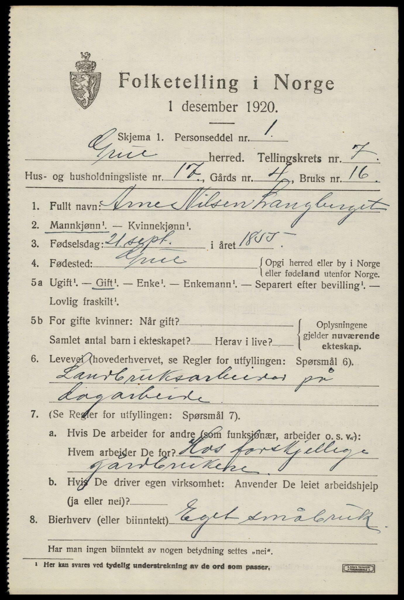 SAH, 1920 census for Grue, 1920, p. 6253