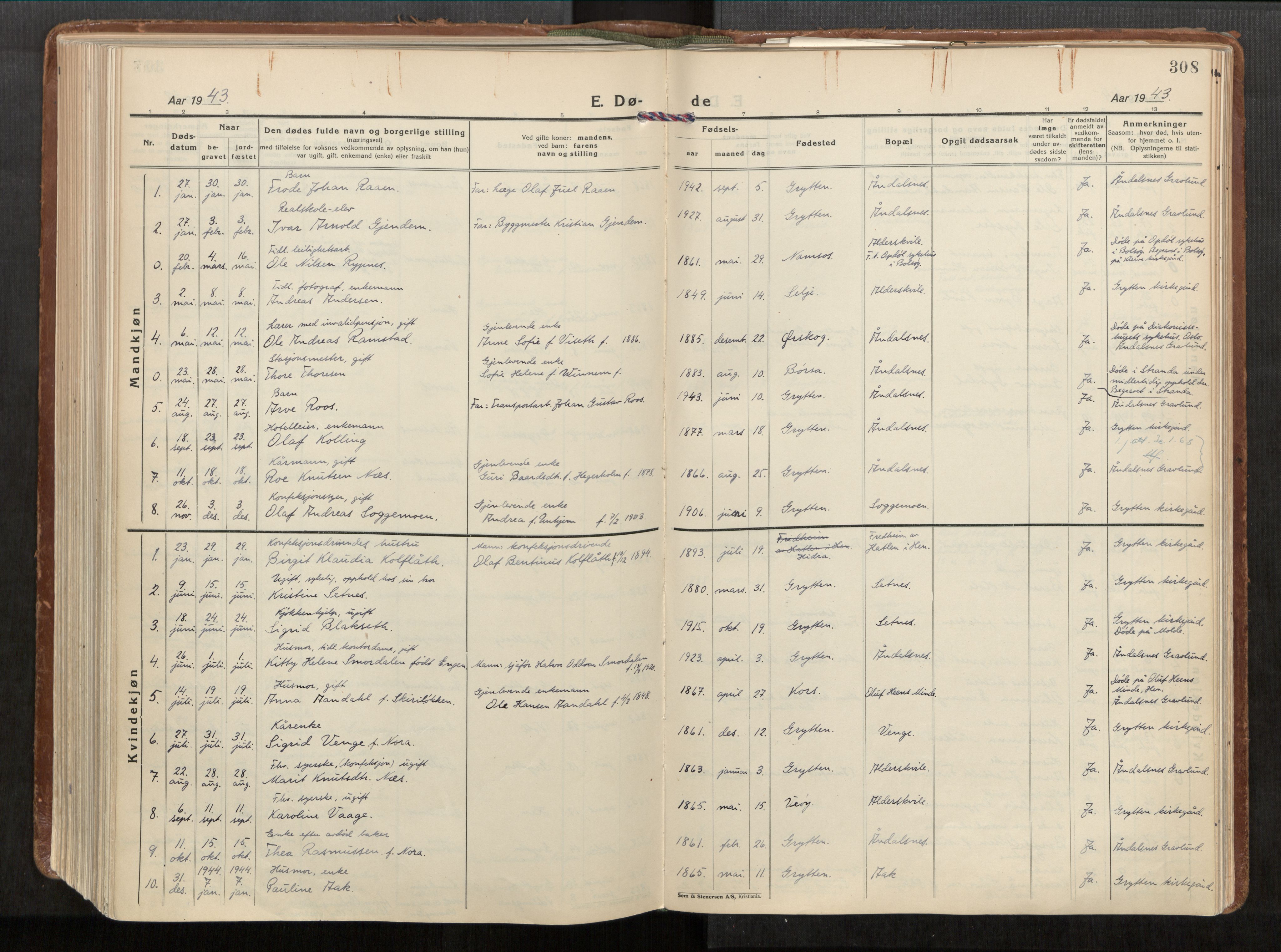 Ministerialprotokoller, klokkerbøker og fødselsregistre - Møre og Romsdal, AV/SAT-A-1454/544/L0587: Parish register (official) no. 544A11, 1924-1954, p. 308