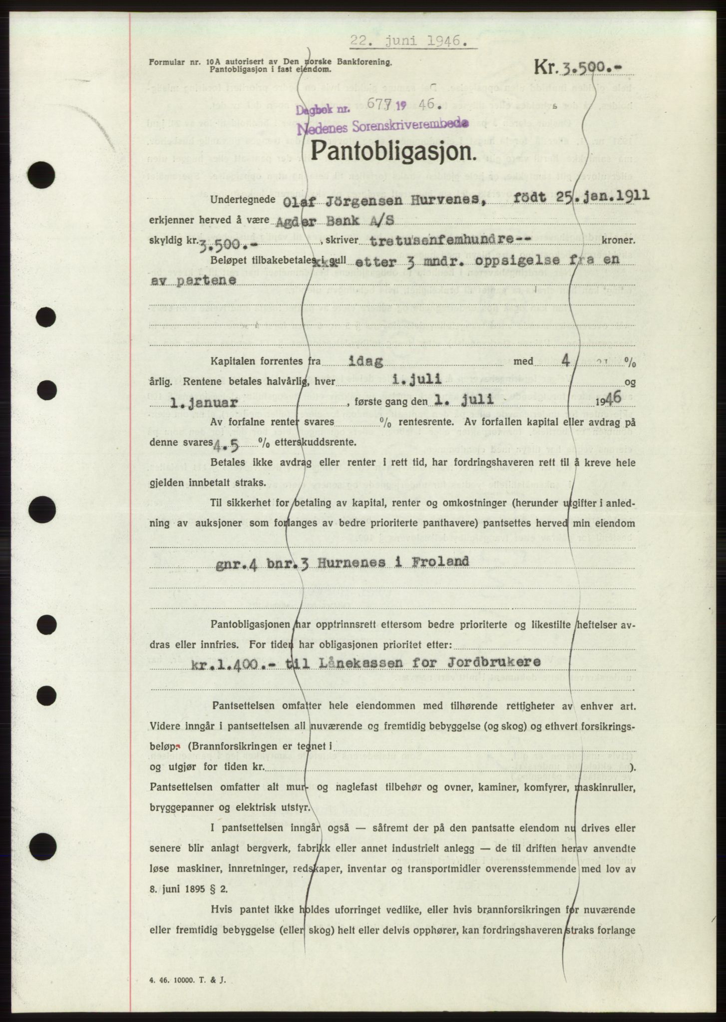 Nedenes sorenskriveri, AV/SAK-1221-0006/G/Gb/Gbb/L0003: Mortgage book no. B3b, 1946-1946, Diary no: : 677/1946