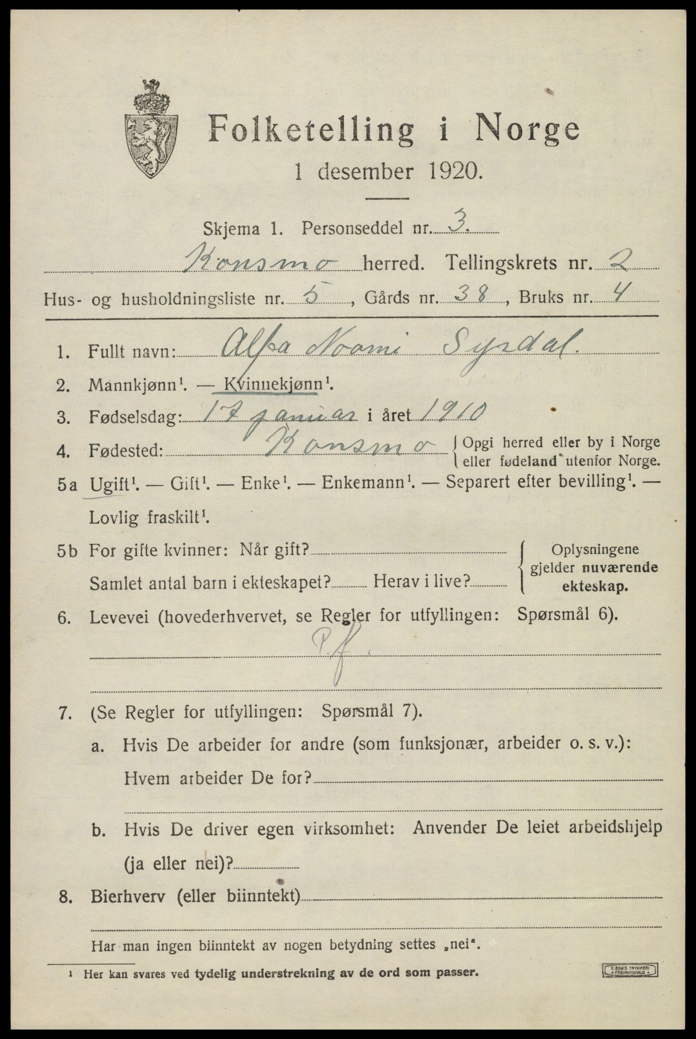 SAK, 1920 census for Konsmo, 1920, p. 1004