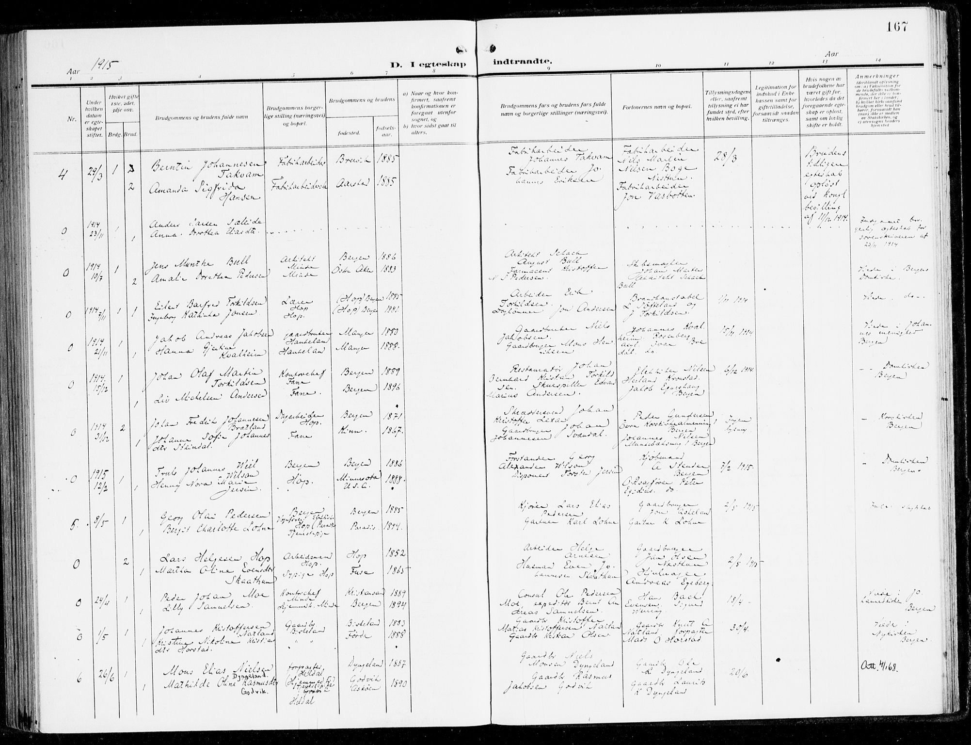 Fana Sokneprestembete, SAB/A-75101/H/Haa/Haai/L0004: Parish register (official) no. I 4, 1912-1933, p. 167