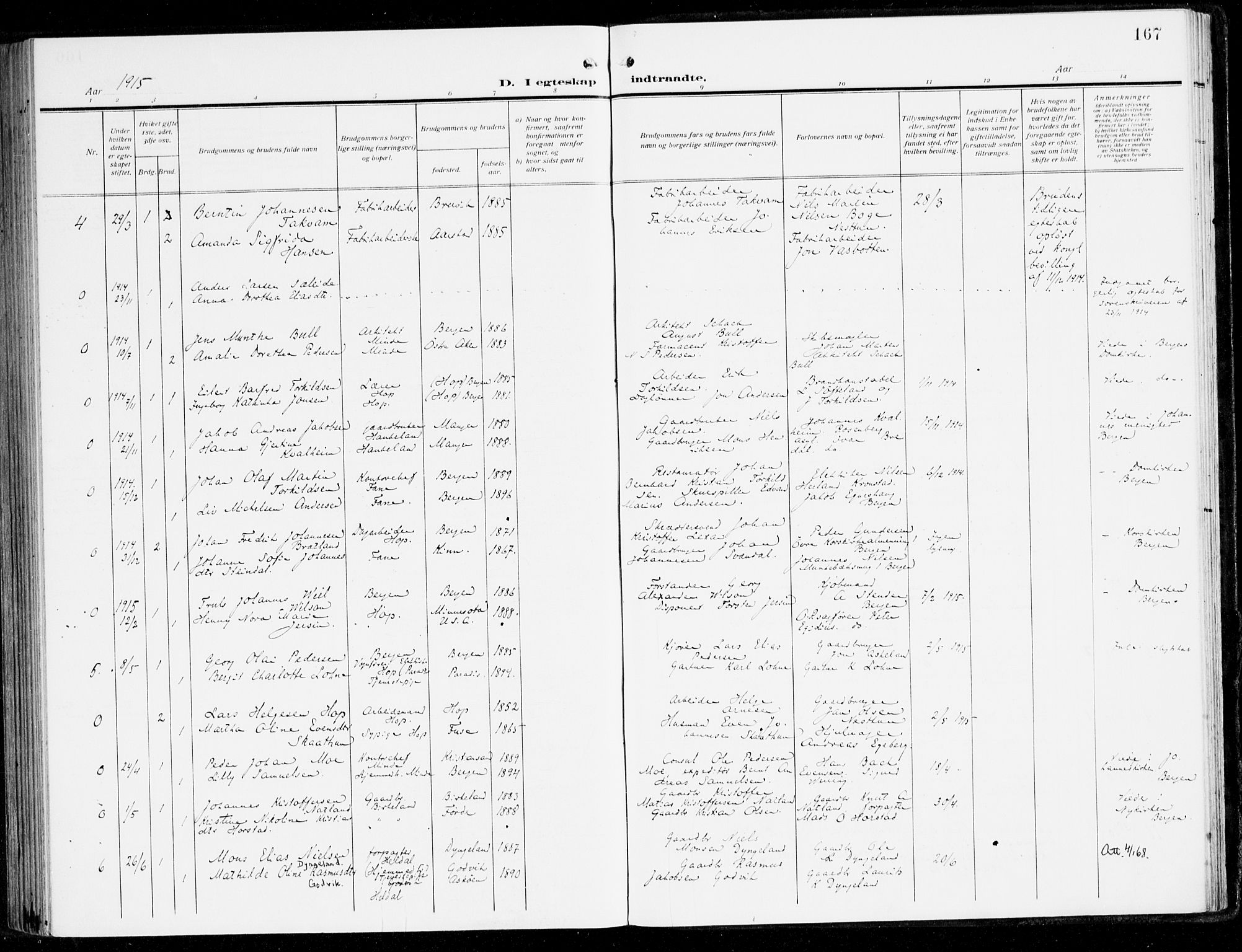 Fana Sokneprestembete, AV/SAB-A-75101/H/Haa/Haai/L0004: Parish register (official) no. I 4, 1912-1933, p. 167