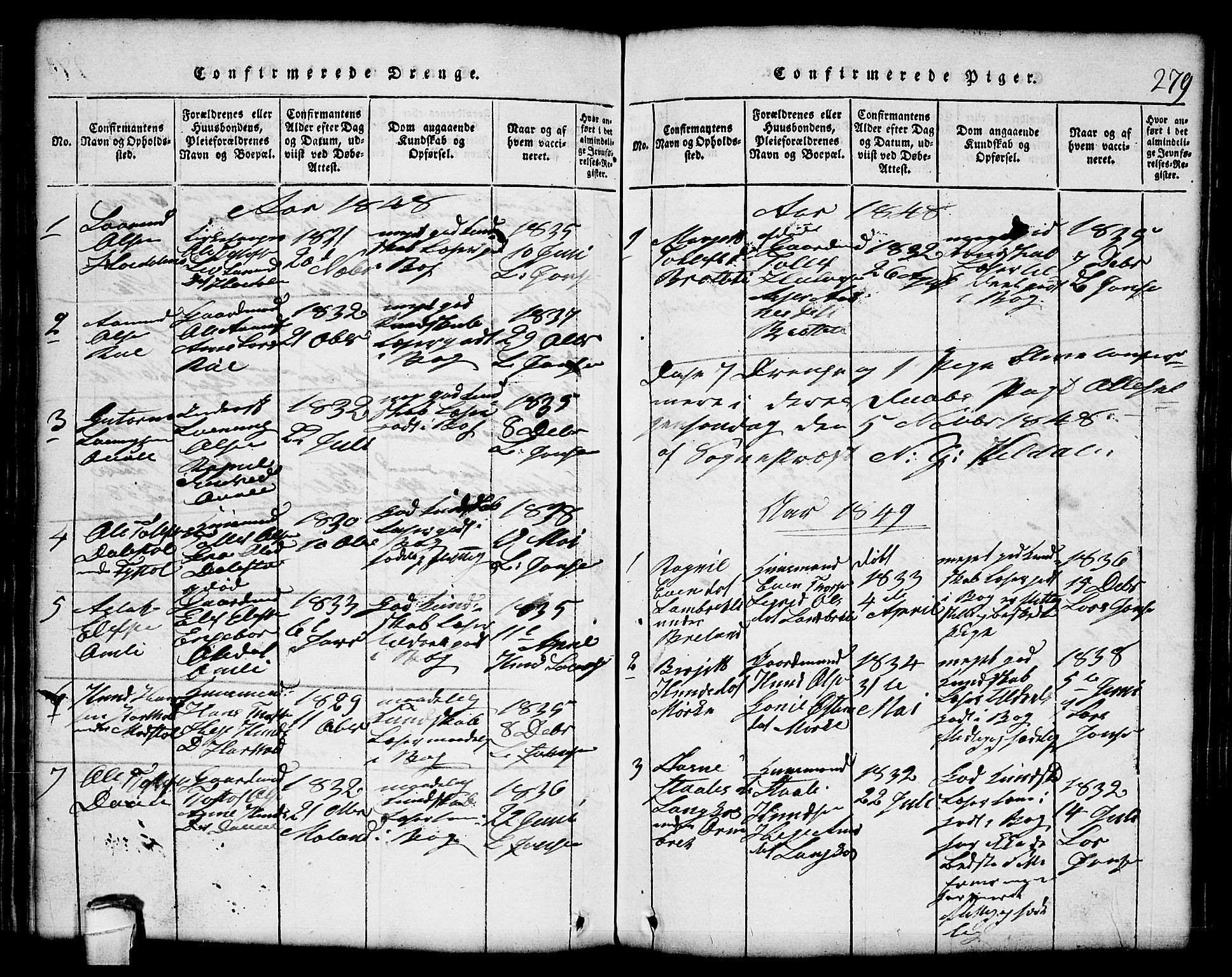 Lårdal kirkebøker, SAKO/A-284/G/Gc/L0001: Parish register (copy) no. III 1, 1815-1854, p. 279