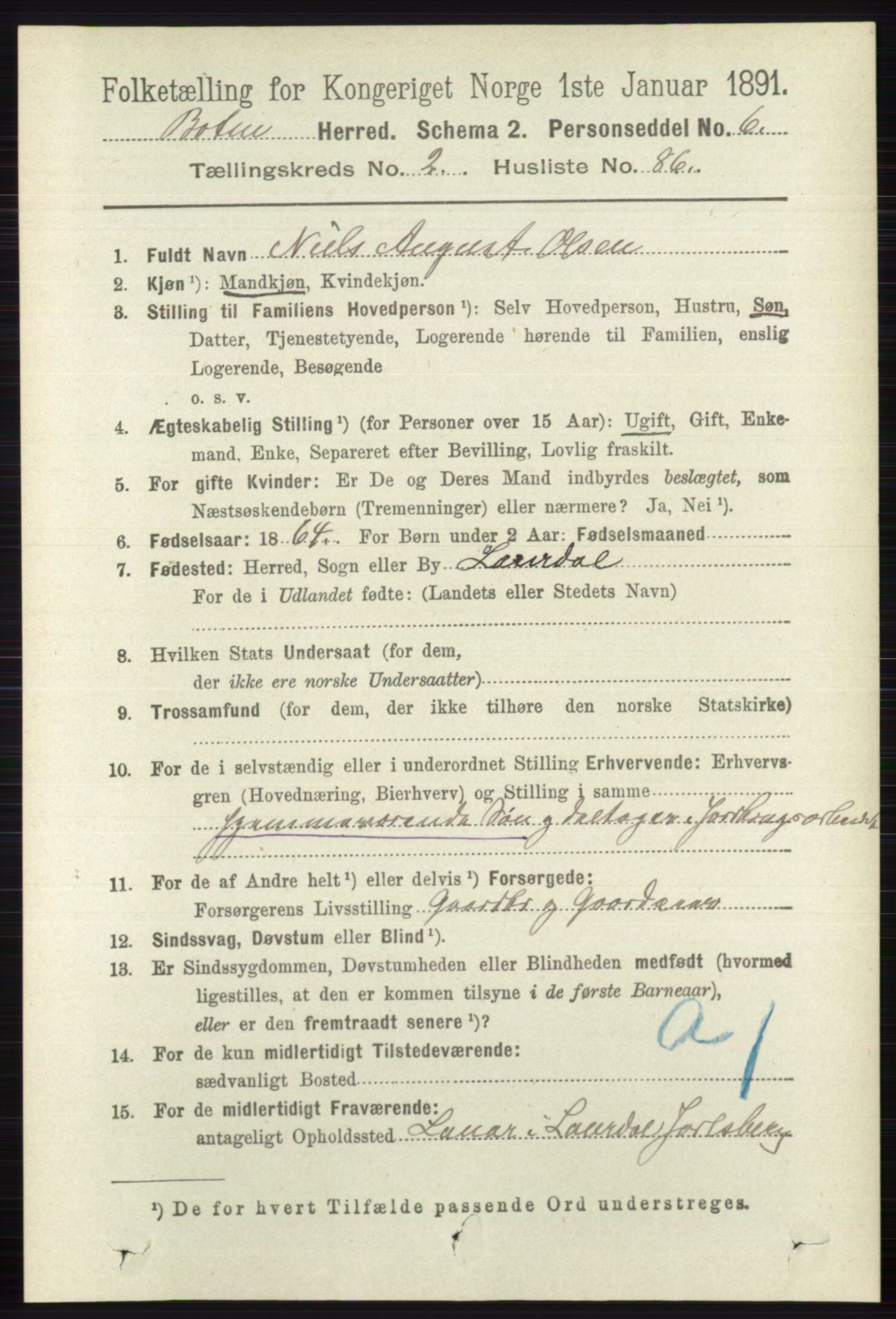 RA, 1891 census for 0715 Botne, 1891, p. 1153