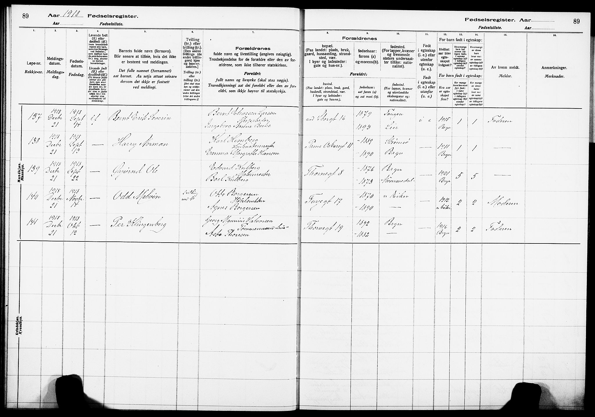 Bragernes kirkebøker, SAKO/A-6/J/Ja/L0001: Birth register no. 1, 1916-1922, p. 89