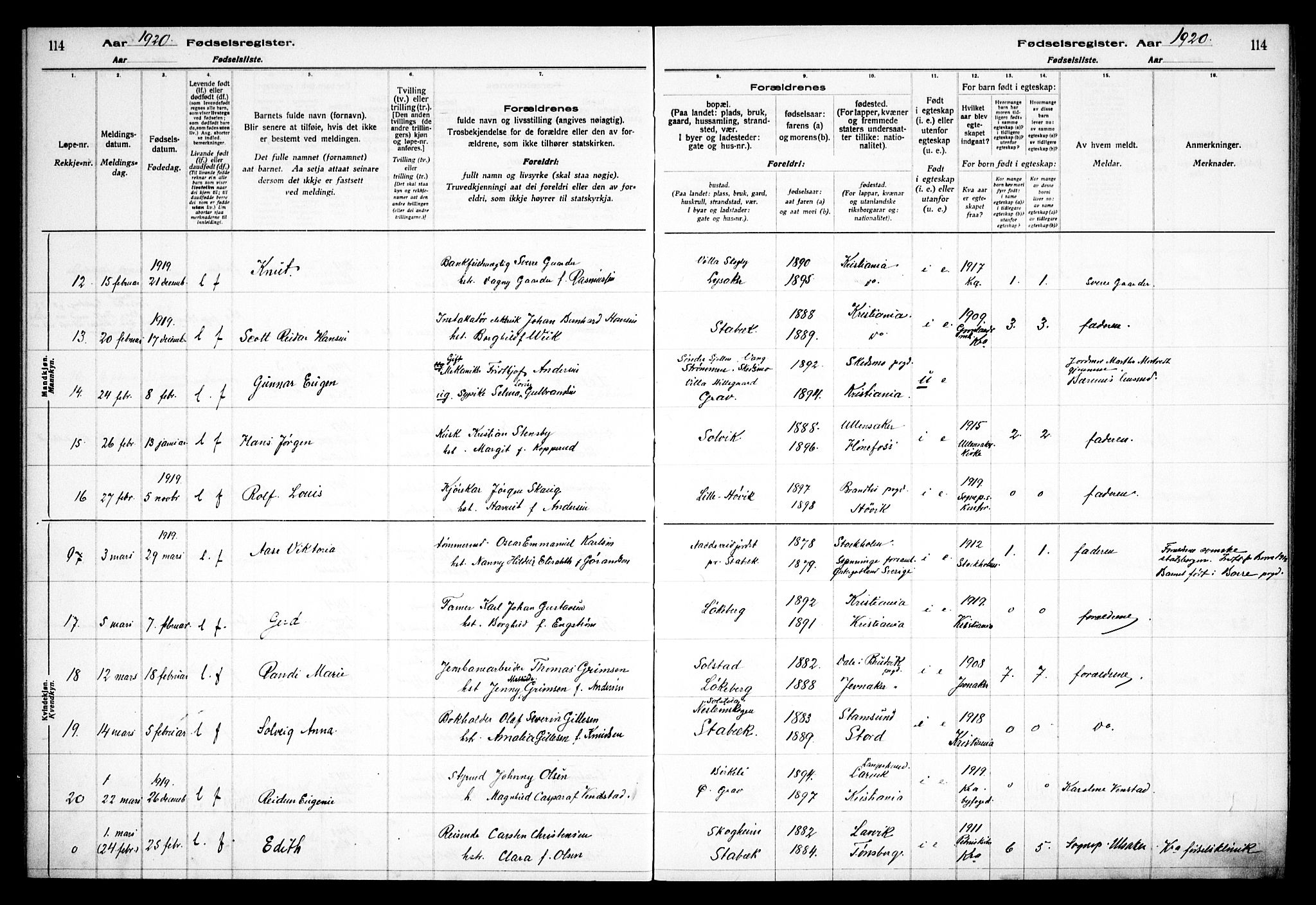 Østre Bærum prestekontor Kirkebøker, SAO/A-10887/J/Ja/L0001: Birth register no. 1, 1916-1922, p. 114