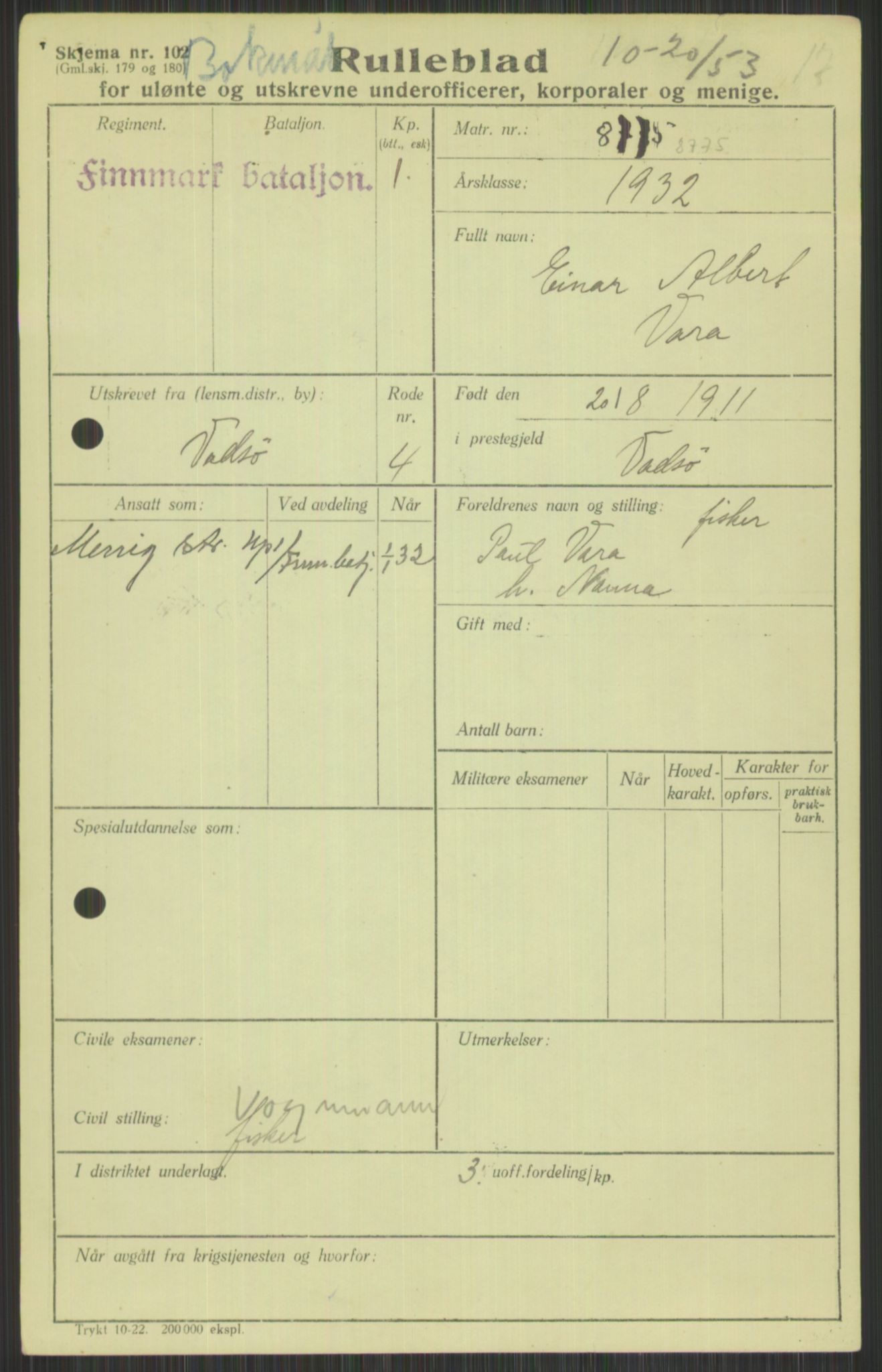 Forsvaret, Varanger bataljon, AV/RA-RAFA-2258/1/D/L0440: Rulleblad for fødte 1892-1912, 1892-1912, p. 1485