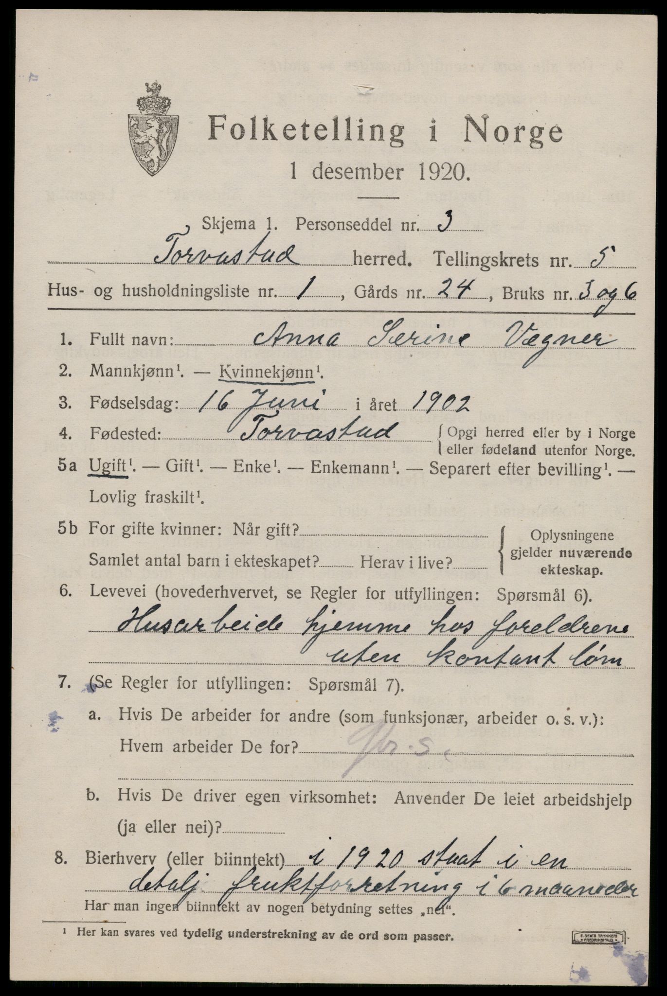 SAST, 1920 census for Torvastad, 1920, p. 4280