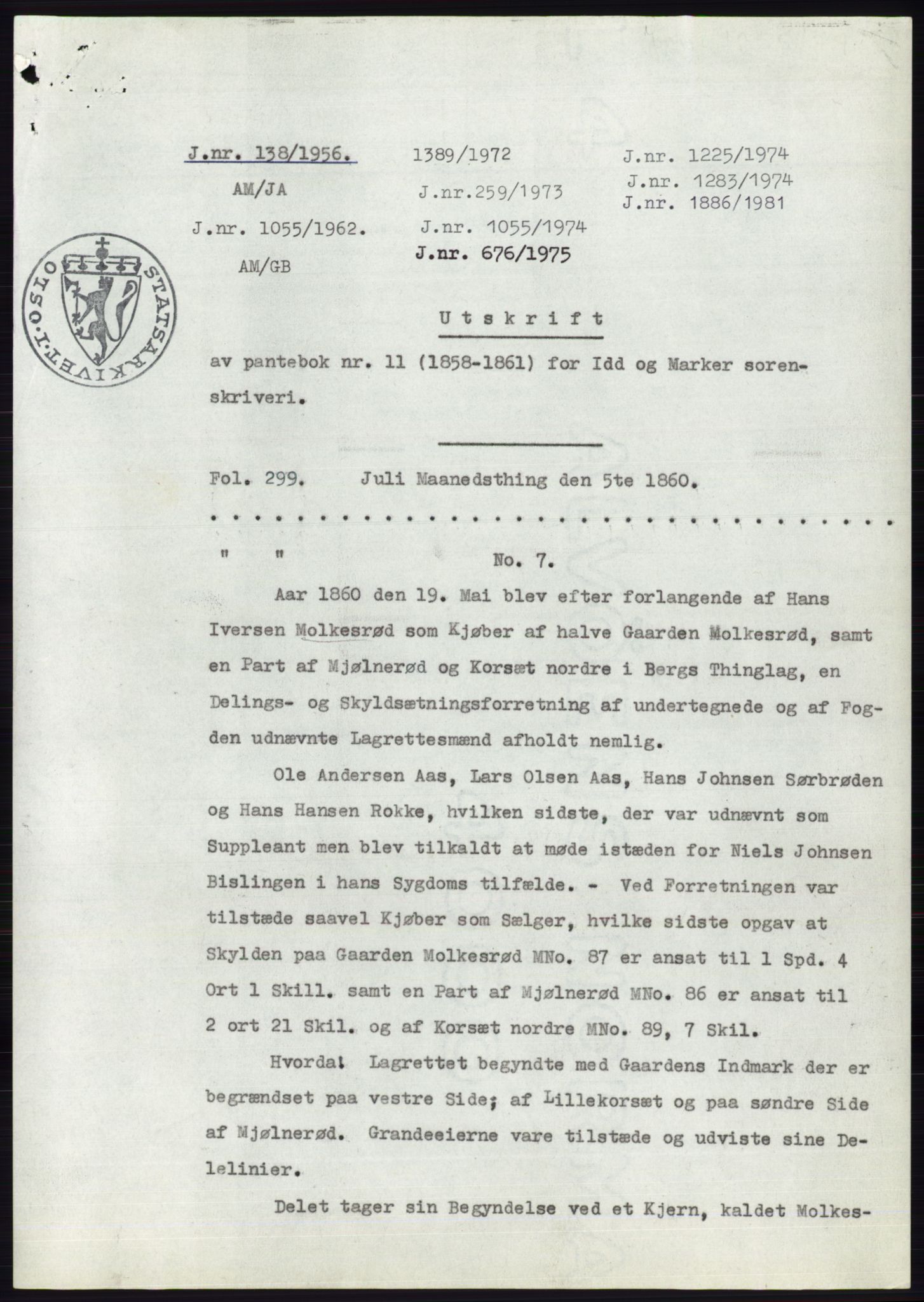 Statsarkivet i Oslo, AV/SAO-A-10621/Z/Zd/L0004: Avskrifter, j.nr 1-797/1956, 1956, p. 93