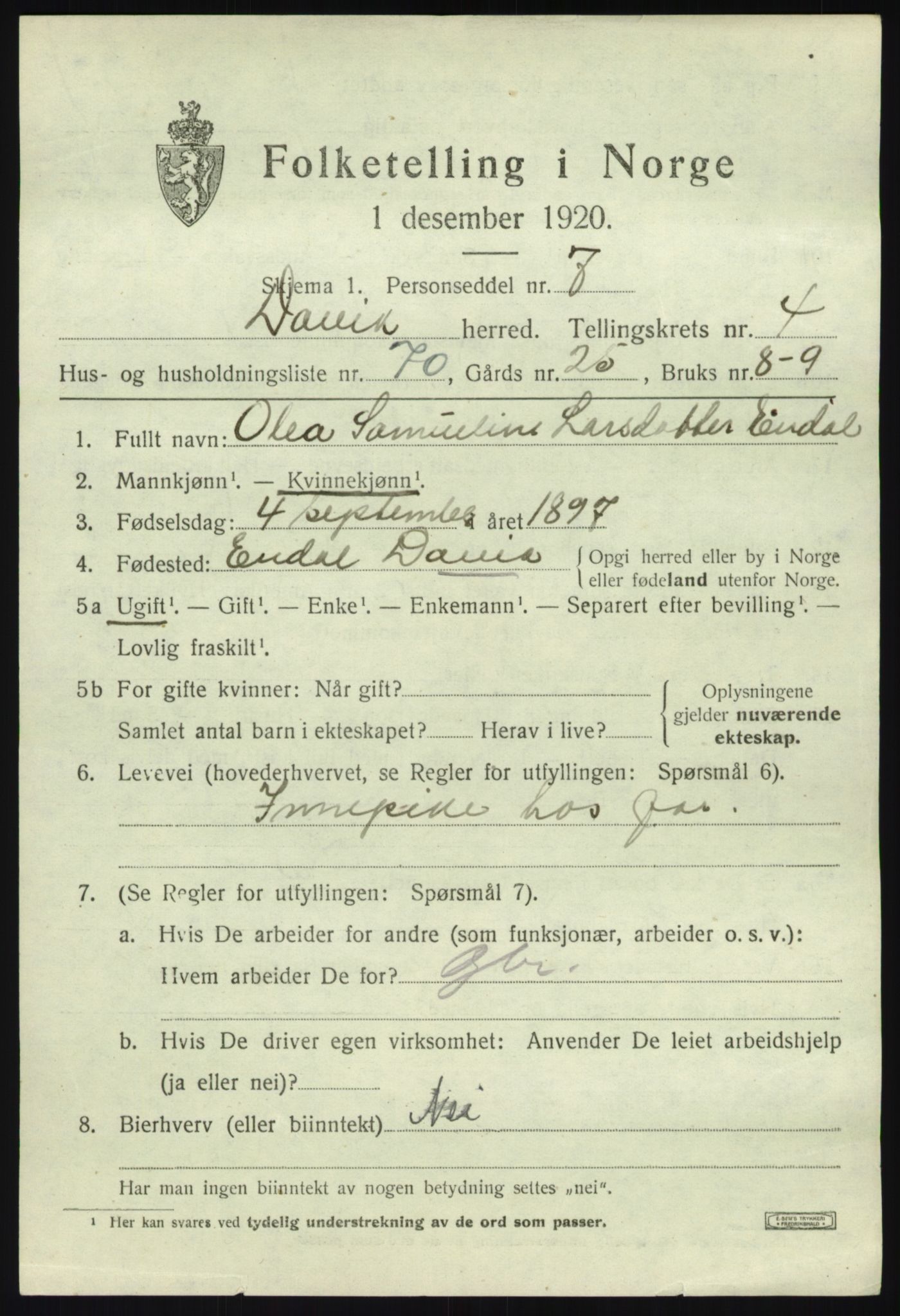 SAB, 1920 census for Davik, 1920, p. 2947