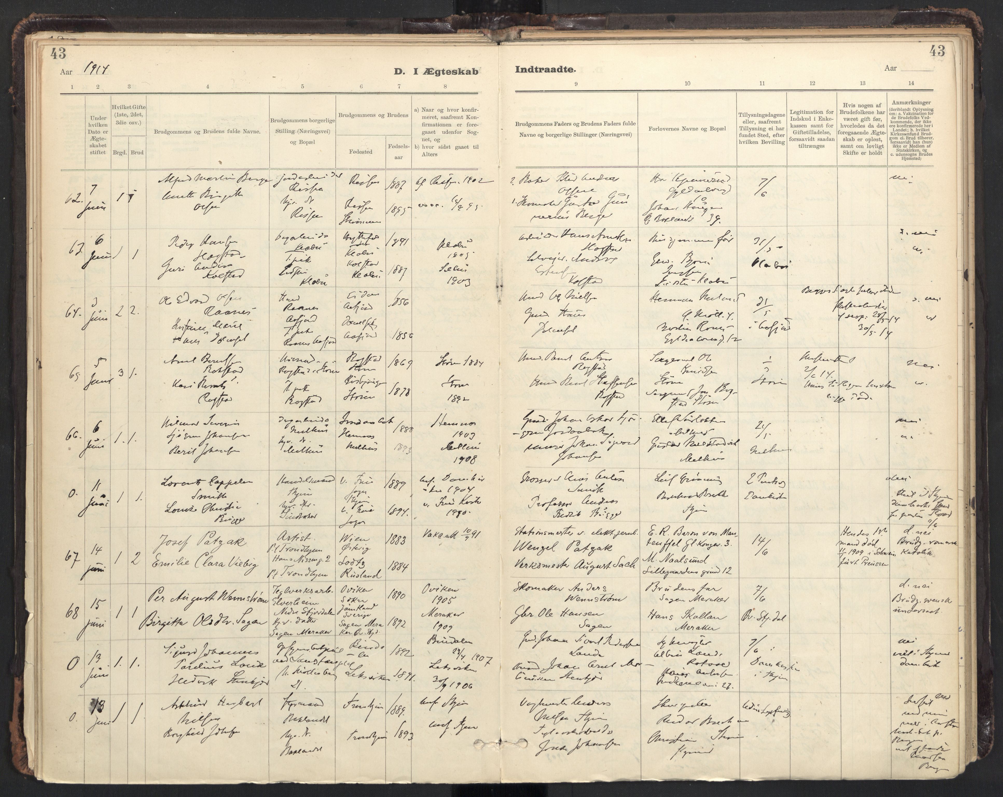 Ministerialprotokoller, klokkerbøker og fødselsregistre - Sør-Trøndelag, AV/SAT-A-1456/604/L0204: Parish register (official) no. 604A24, 1911-1920, p. 43