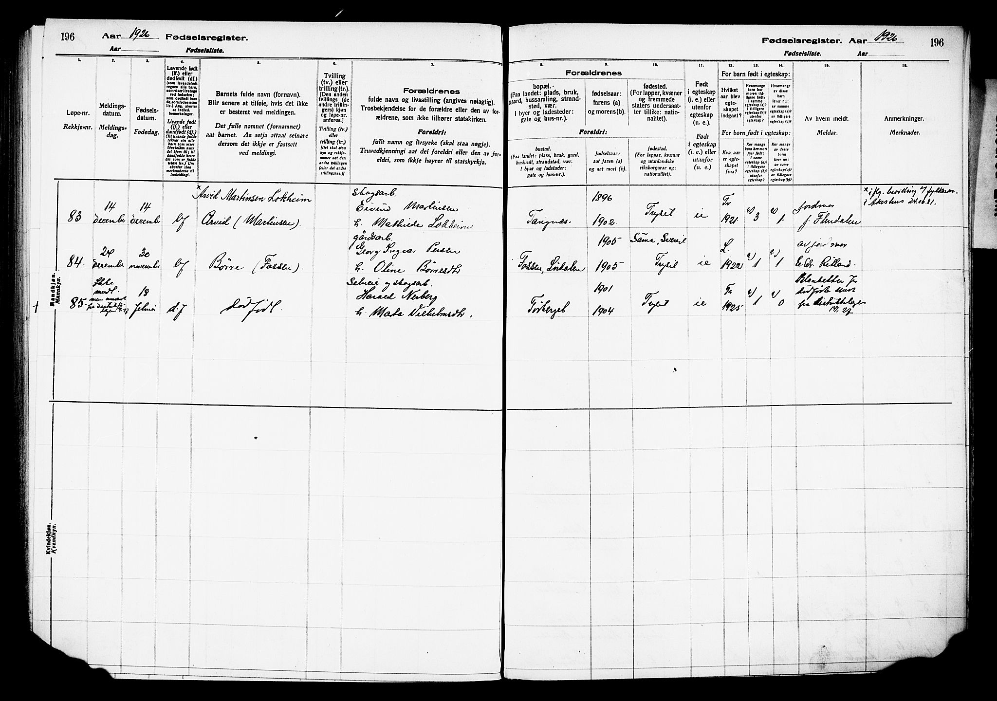 Trysil prestekontor, AV/SAH-PREST-046/I/Id/Ida/L0001: Birth register no. I 1, 1916-1927, p. 196