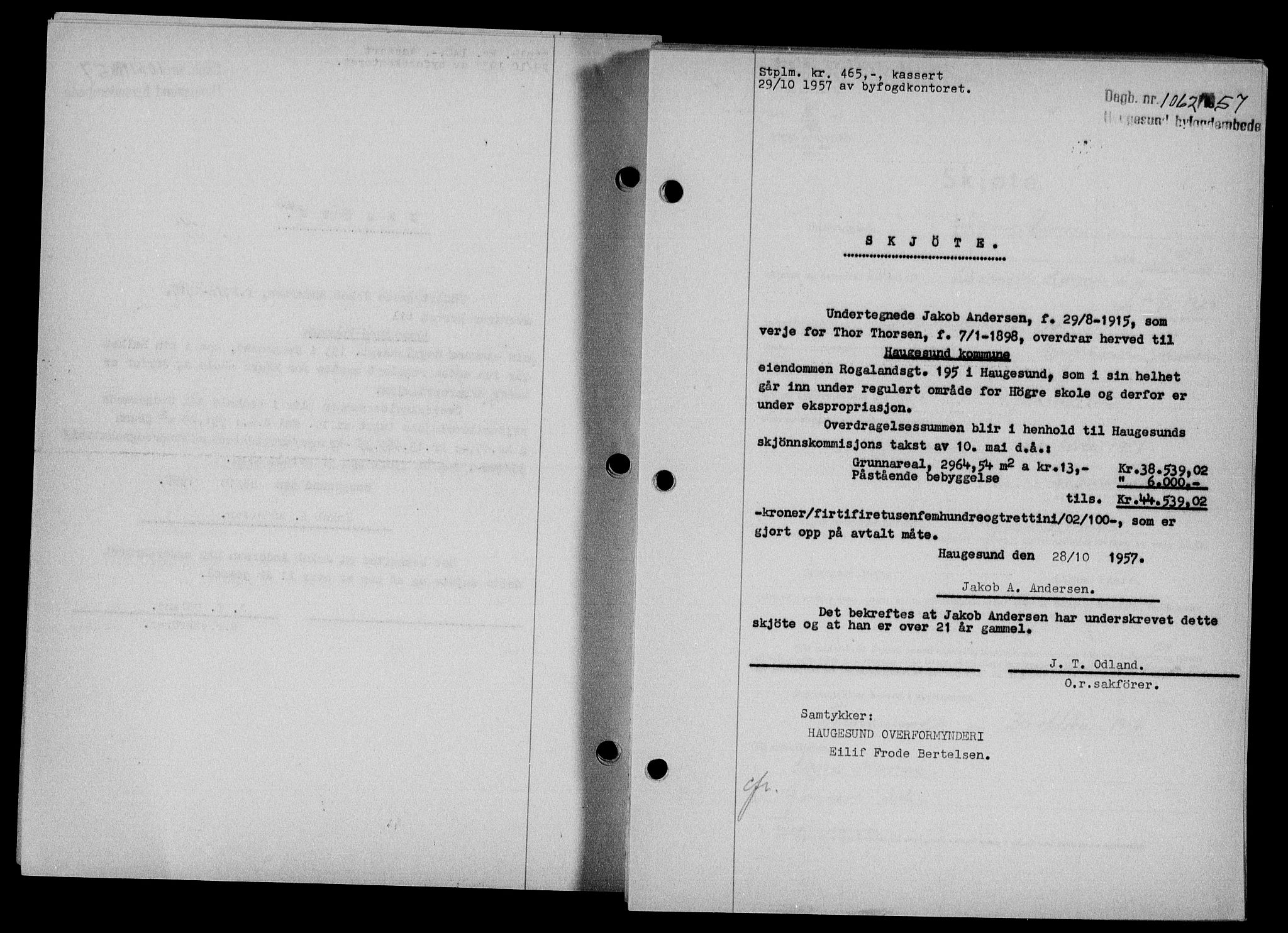 Haugesund tingrett, AV/SAST-A-101415/01/II/IIC/L0068: Mortgage book no. A 9, 1956-1958, Diary no: : 1062/1957