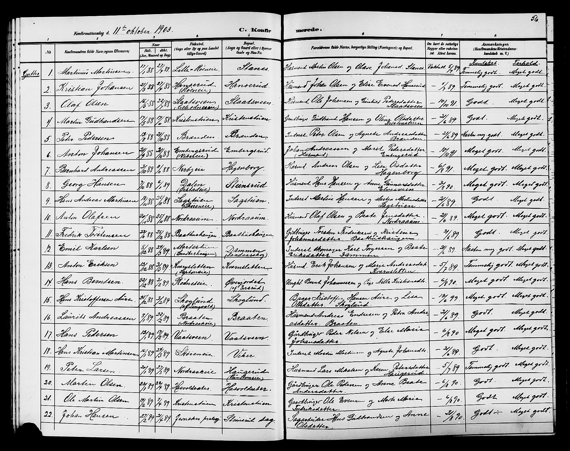 Søndre Land prestekontor, AV/SAH-PREST-122/L/L0005: Parish register (copy) no. 5, 1902-1911, p. 56