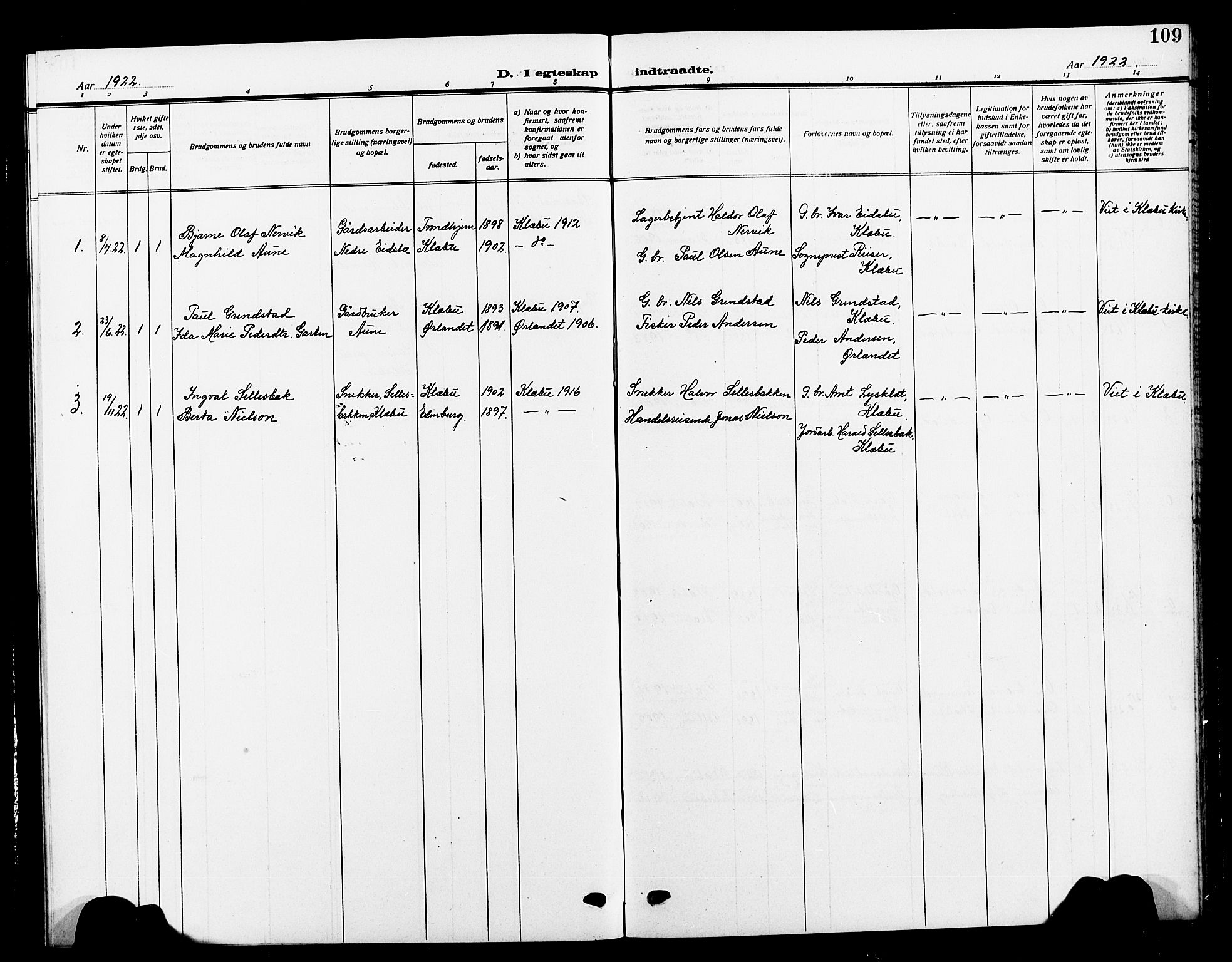 Ministerialprotokoller, klokkerbøker og fødselsregistre - Sør-Trøndelag, SAT/A-1456/618/L0453: Parish register (copy) no. 618C04, 1907-1925, p. 109