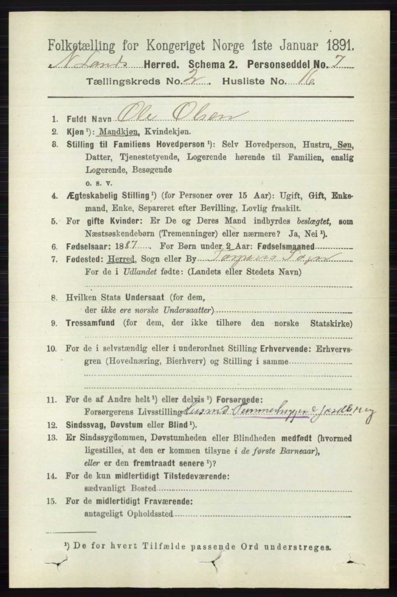 RA, 1891 census for 0538 Nordre Land, 1891, p. 665