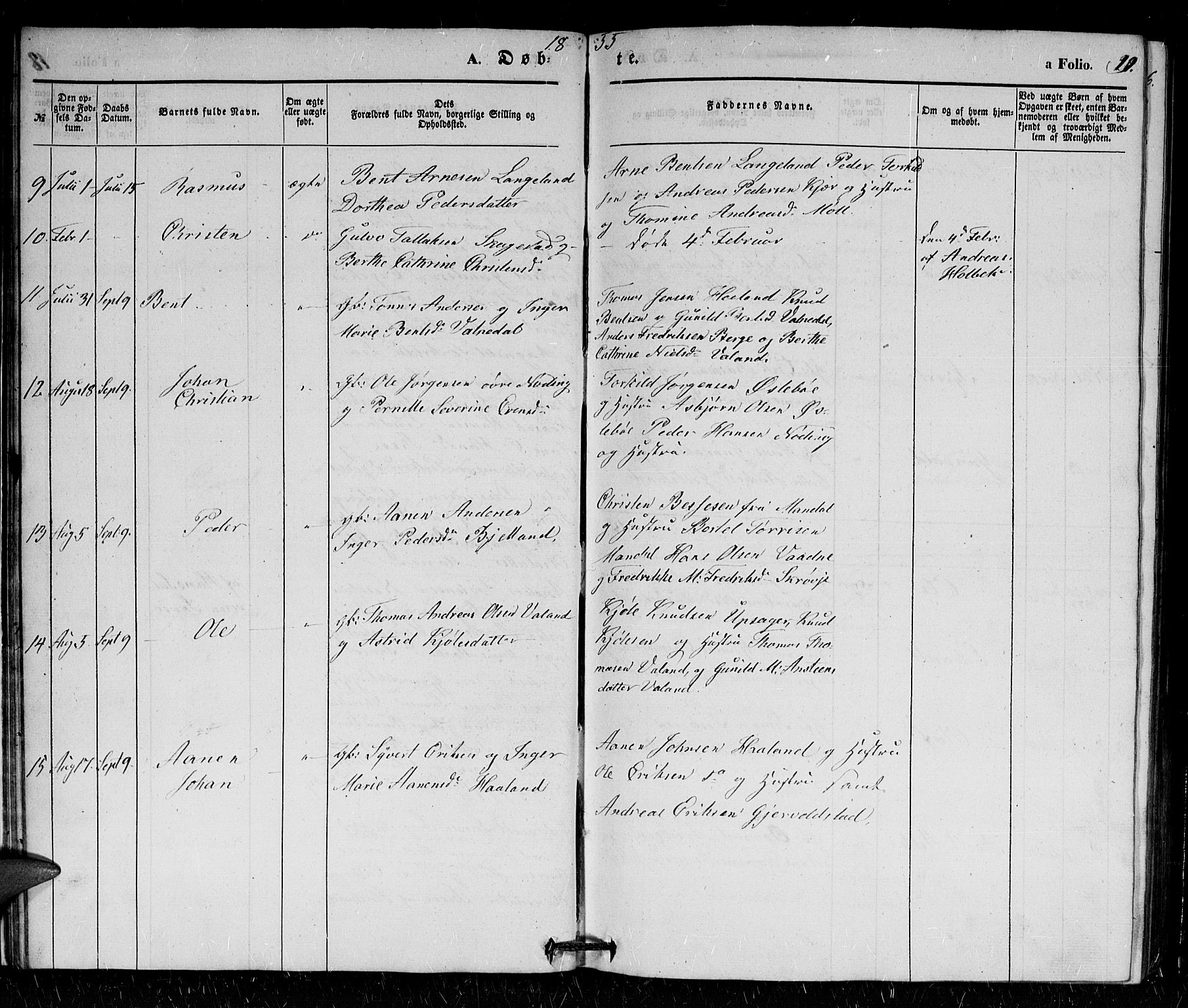 Holum sokneprestkontor, SAK/1111-0022/F/Fb/Fba/L0003: Parish register (copy) no. B 3, 1850-1866, p. 19