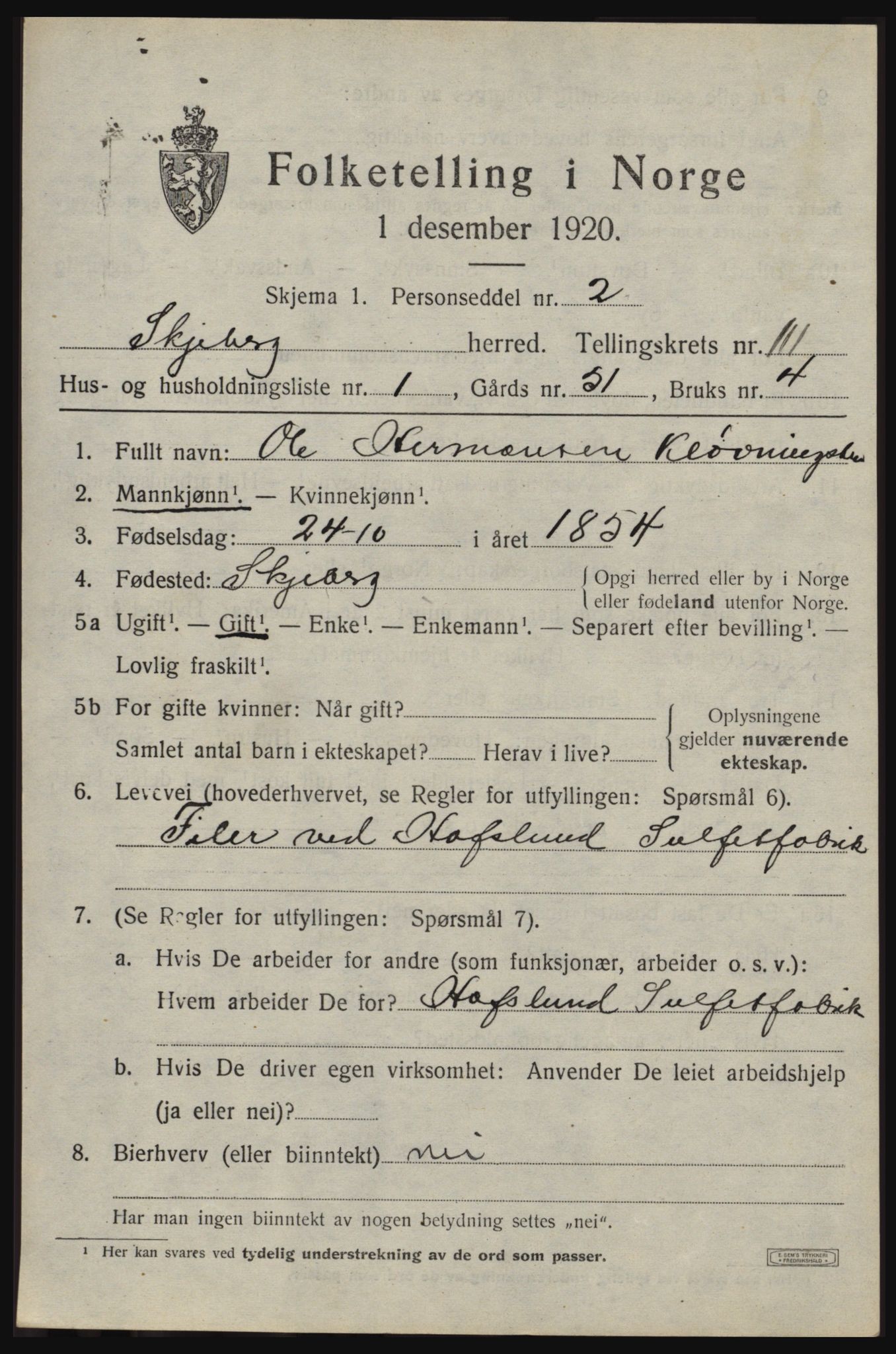 SAO, 1920 census for Skjeberg, 1920, p. 9495