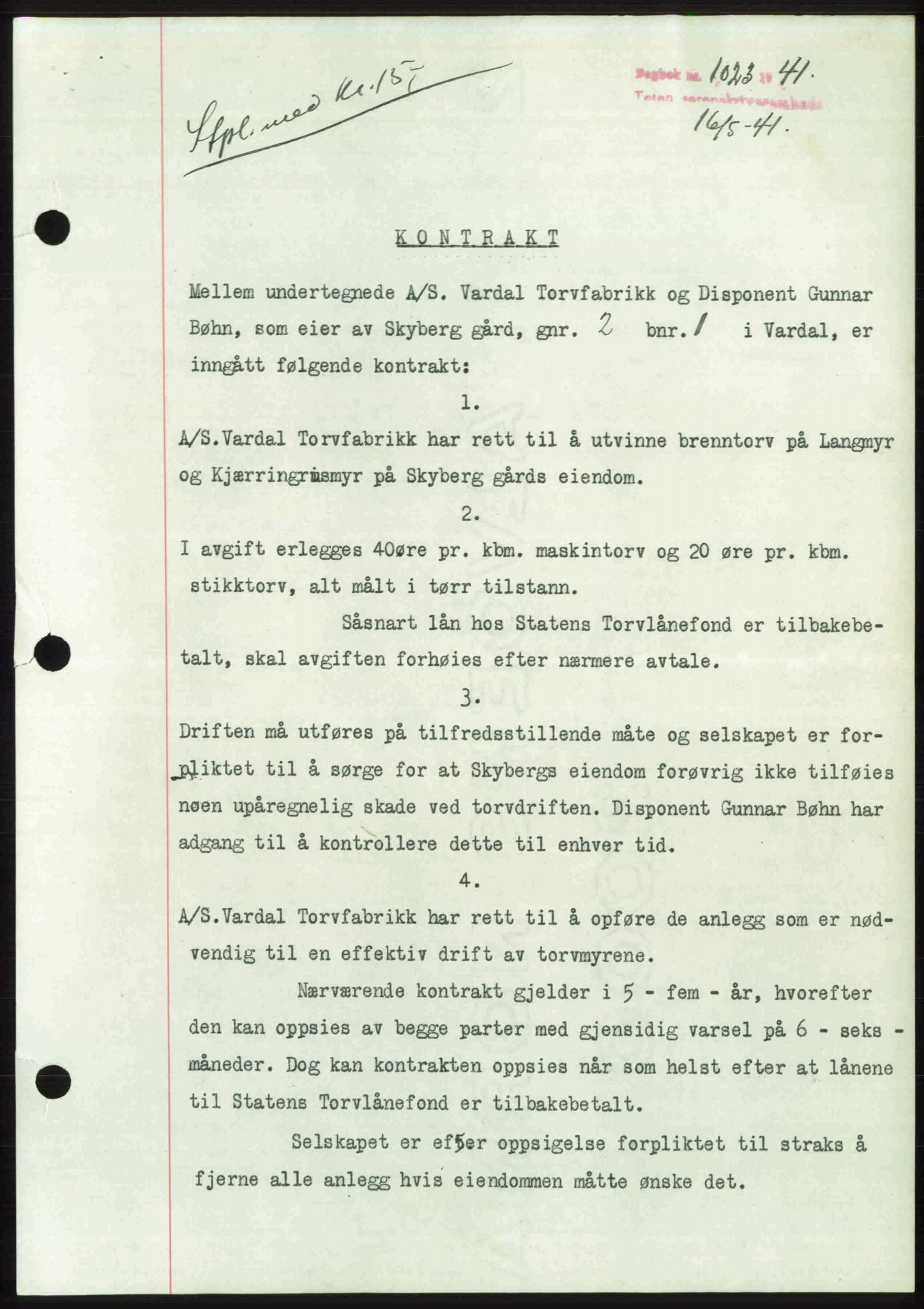 Toten tingrett, SAH/TING-006/H/Hb/Hbc/L0008: Mortgage book no. Hbc-08, 1941-1941, Diary no: : 1023/1941