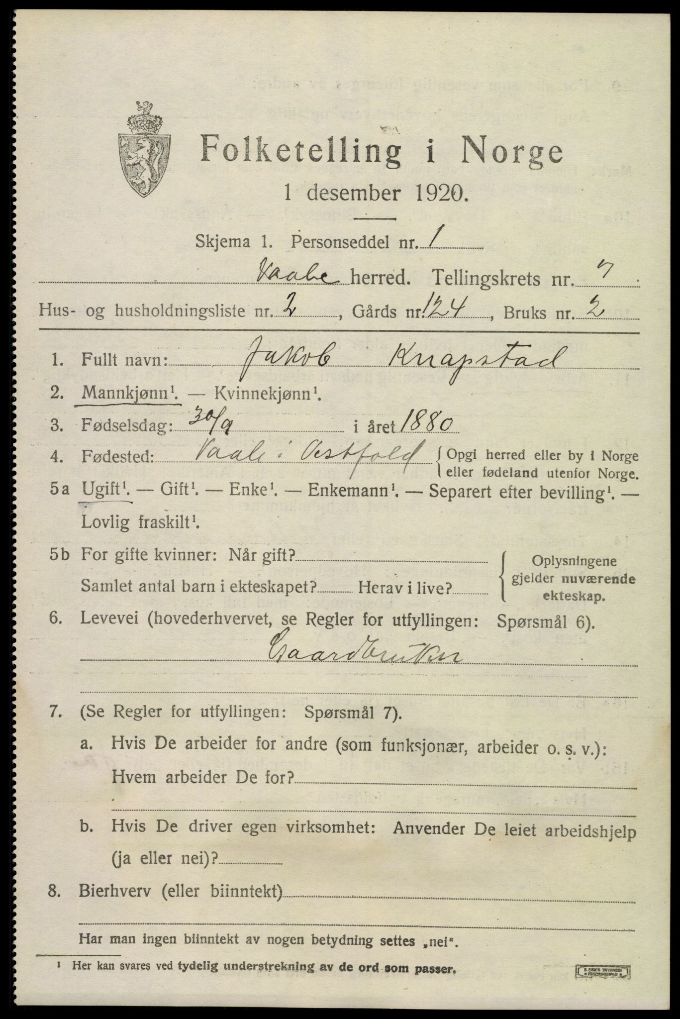 SAKO, 1920 census for Våle, 1920, p. 5510
