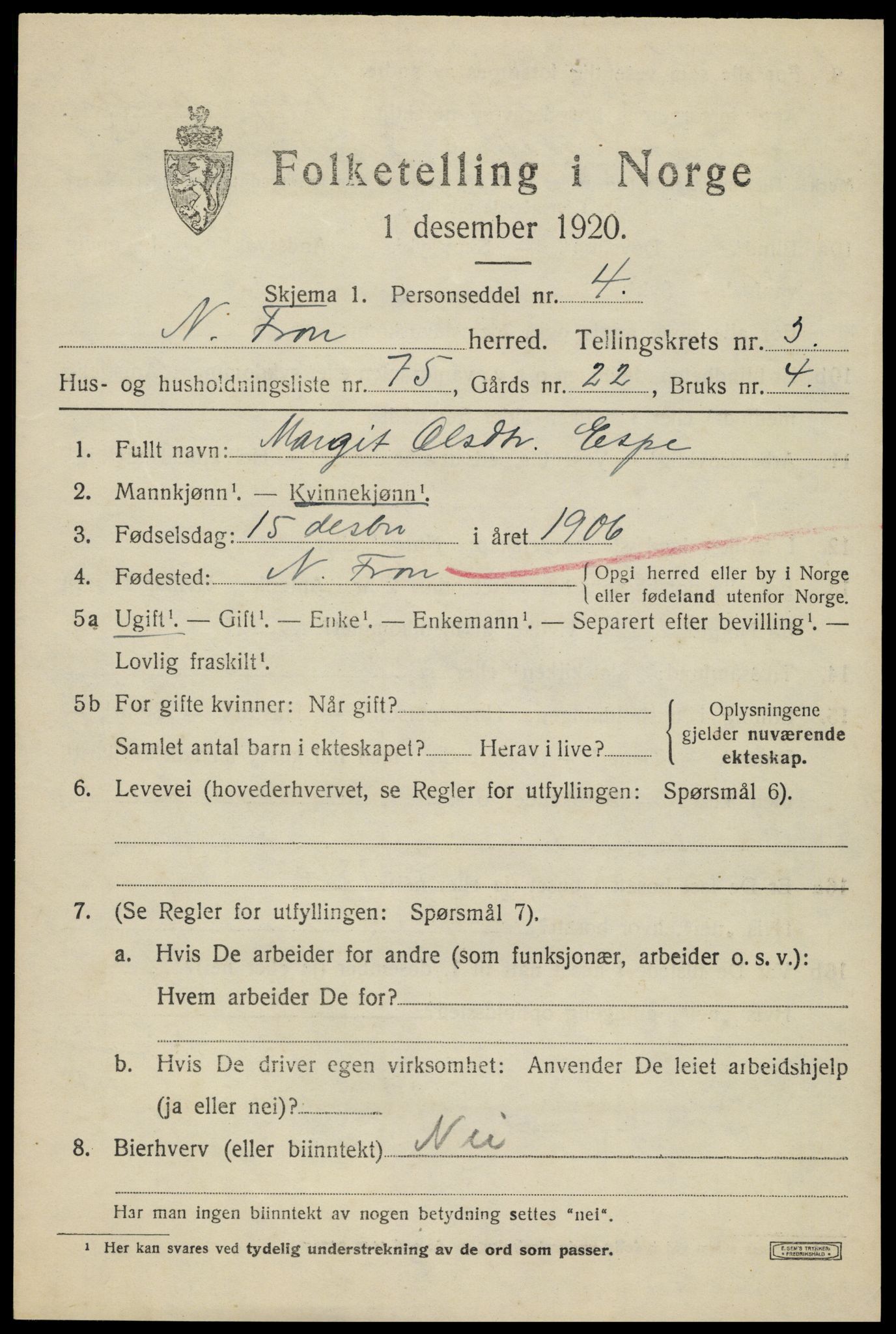 SAH, 1920 census for Nord-Fron, 1920, p. 4014