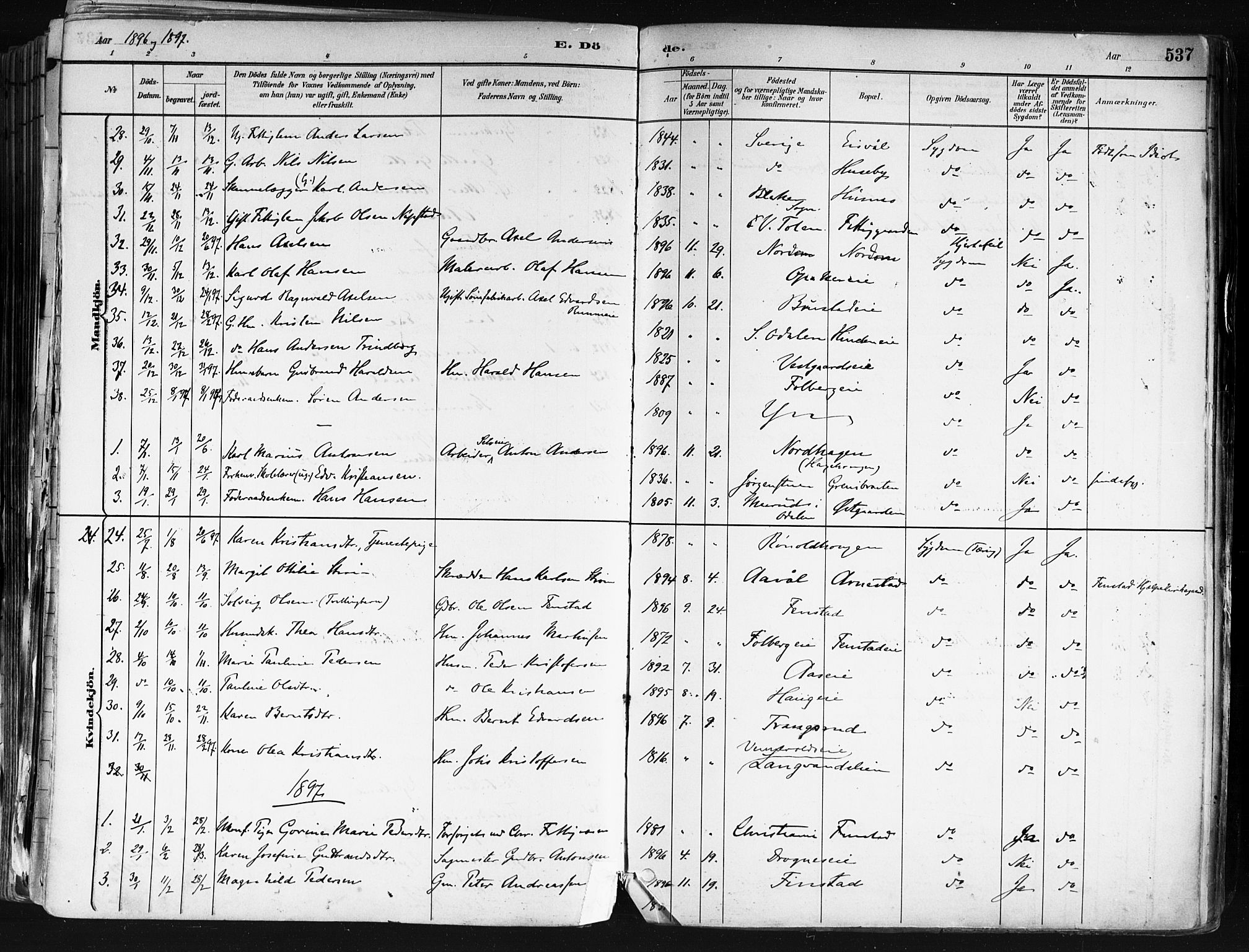 Nes prestekontor Kirkebøker, SAO/A-10410/F/Fa/L0010: Parish register (official) no. I 10, 1883-1898, p. 537