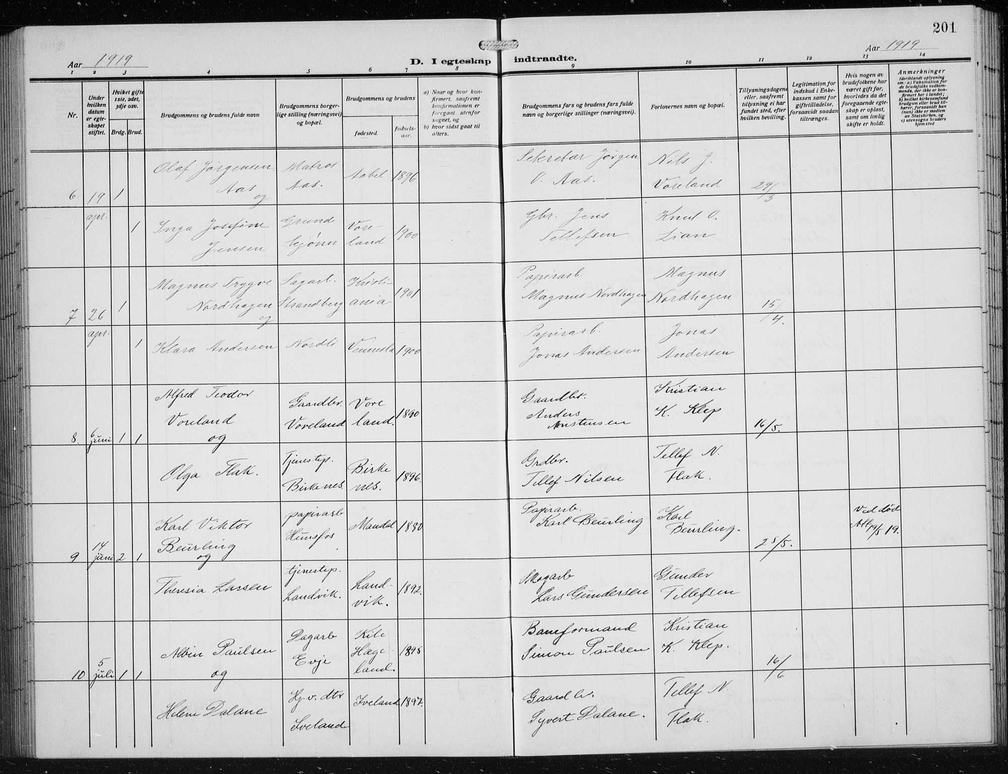 Vennesla sokneprestkontor, SAK/1111-0045/Fb/Fbb/L0006: Parish register (copy) no. B 6, 1914-1921, p. 201