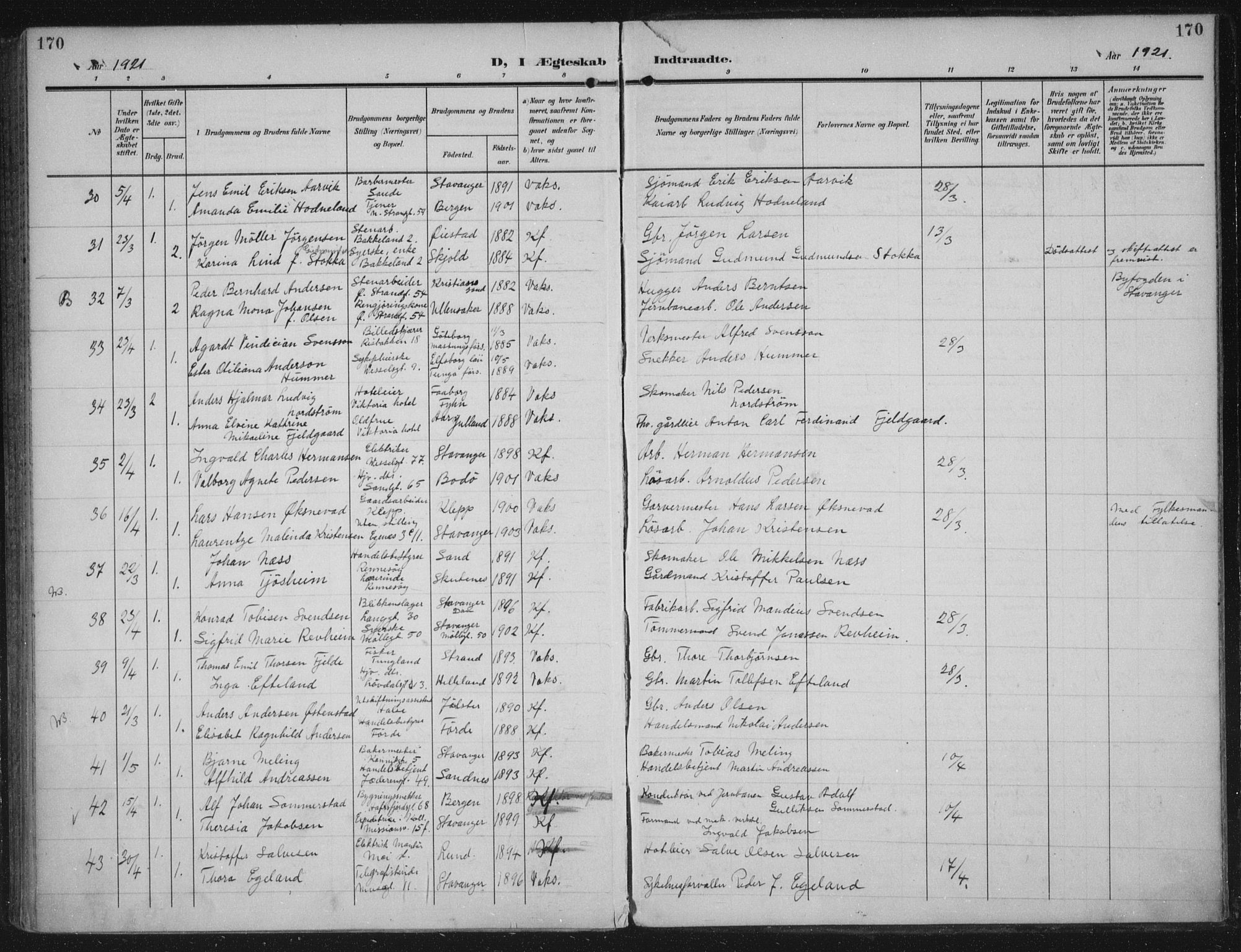 Domkirken sokneprestkontor, AV/SAST-A-101812/002/A/L0016: Parish register (official) no. A 33, 1905-1922, p. 170