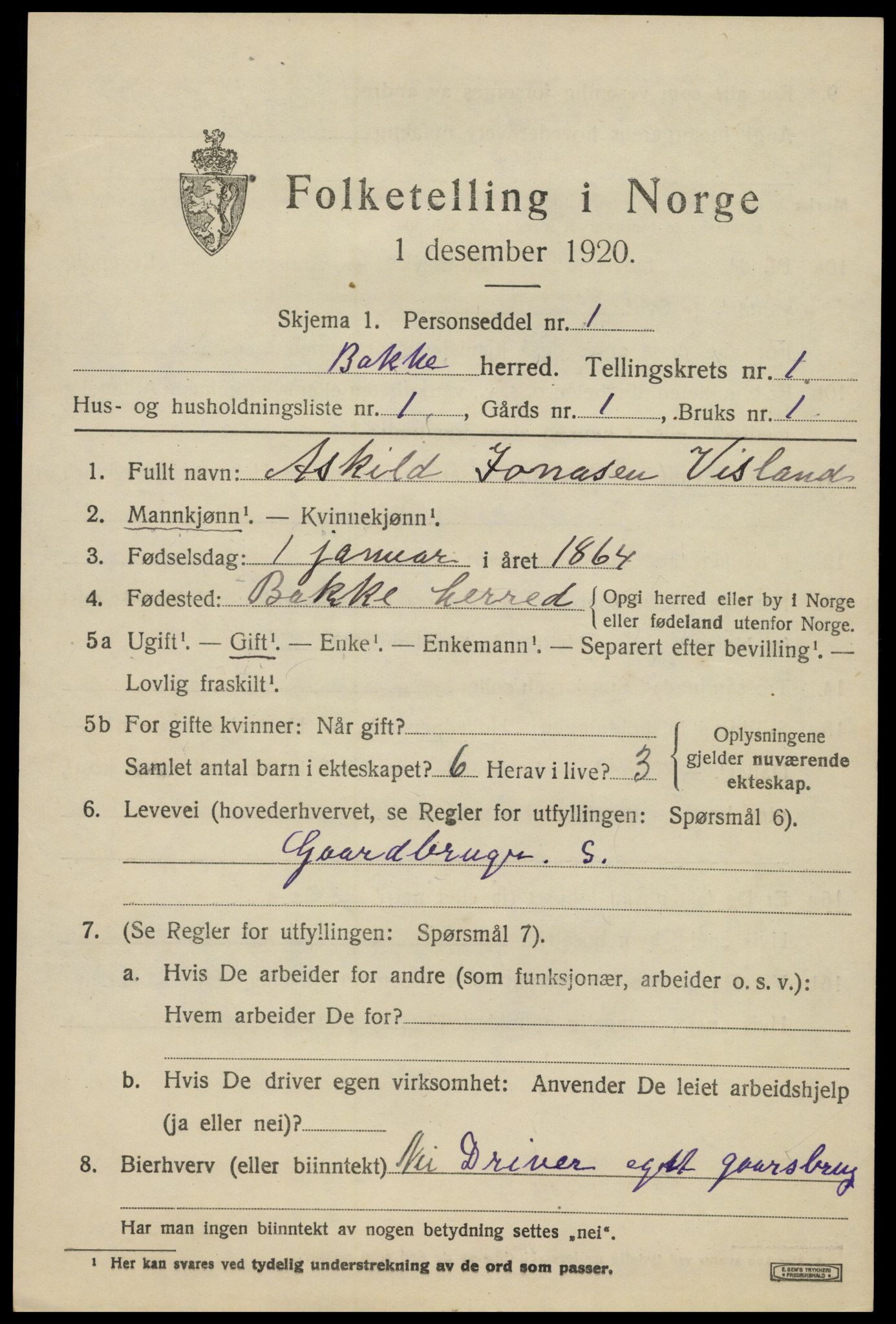 SAK, 1920 census for Bakke, 1920, p. 594