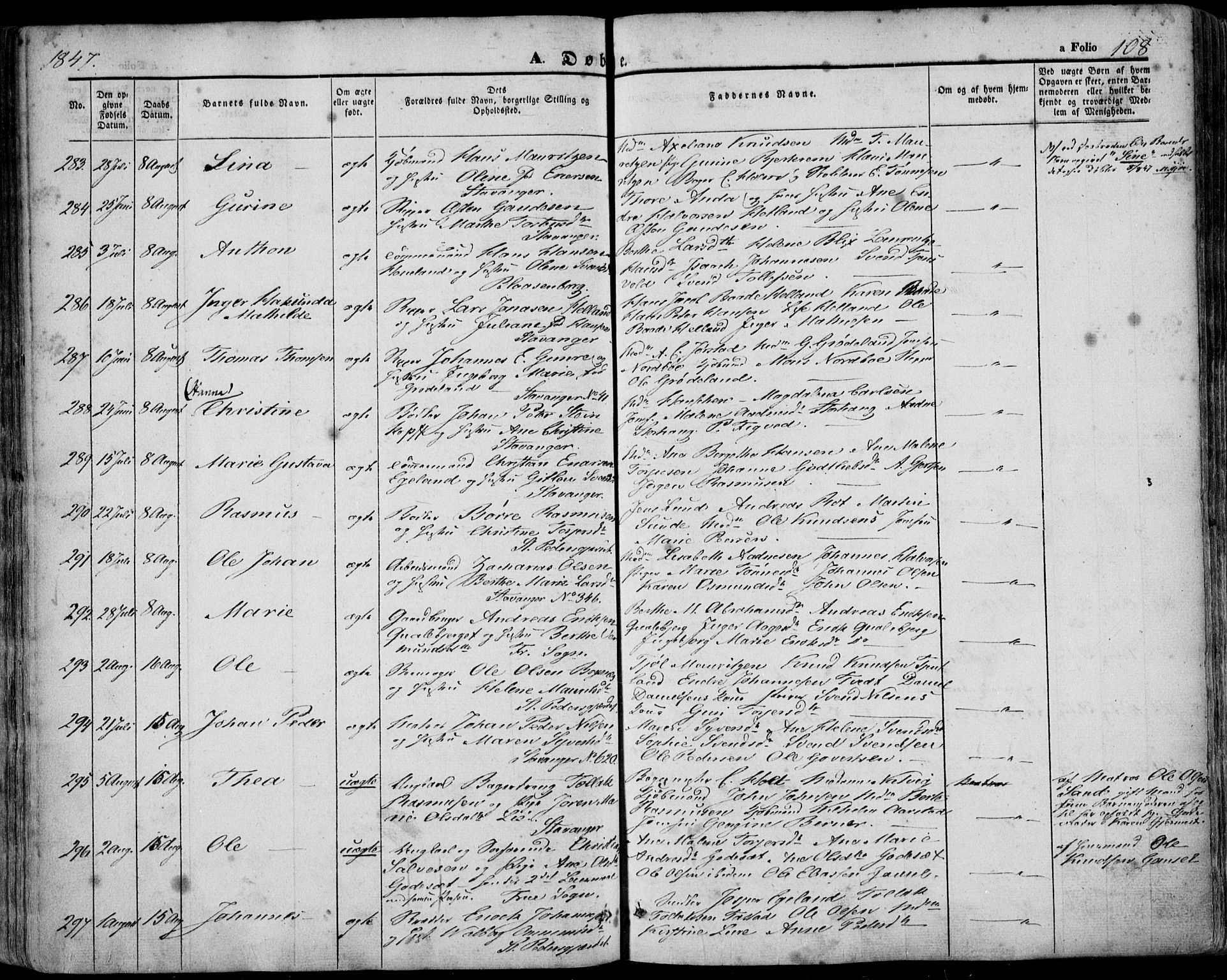 Domkirken sokneprestkontor, SAST/A-101812/001/30/30BA/L0016: Parish register (official) no. A 15, 1844-1854, p. 108