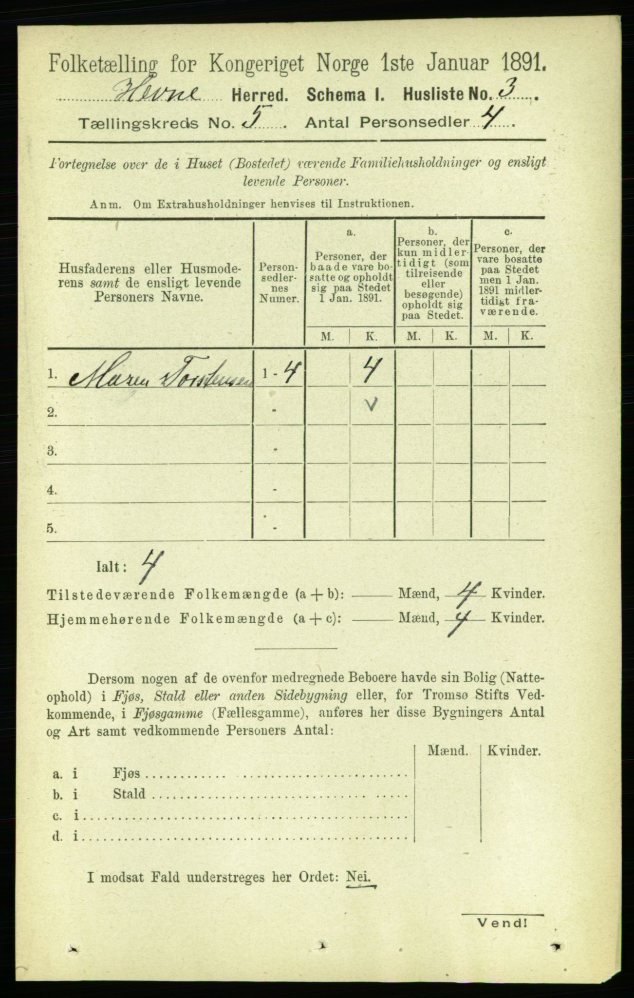 RA, 1891 census for 1612 Hemne, 1891, p. 2347