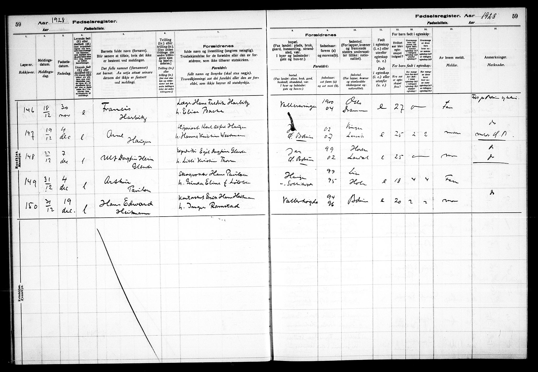 Vestre Bærum prestekontor Kirkebøker, AV/SAO-A-10209a/J/L0002: Birth register no. 2, 1927-1933, p. 59