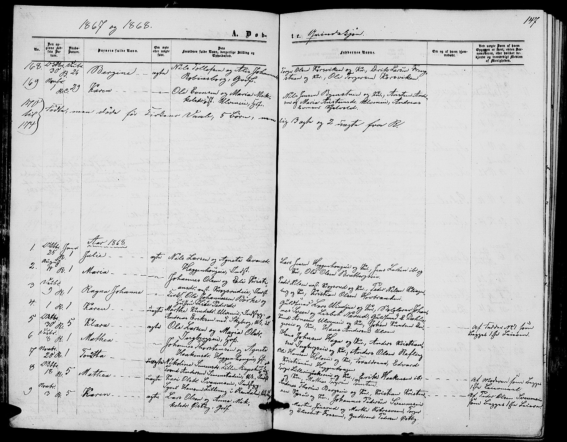 Ringsaker prestekontor, AV/SAH-PREST-014/L/La/L0007: Parish register (copy) no. 7, 1861-1869, p. 147