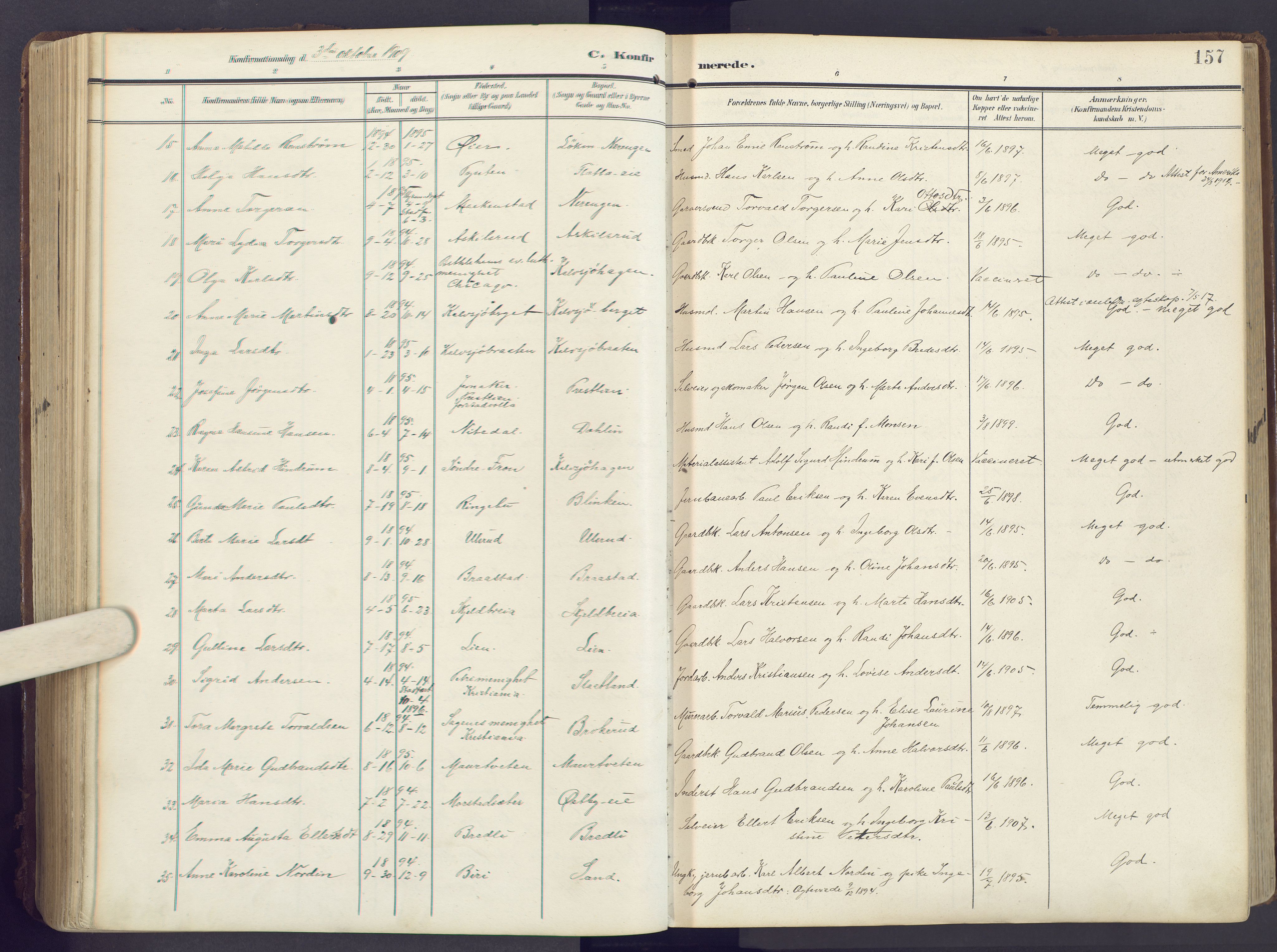 Lunner prestekontor, AV/SAH-PREST-118/H/Ha/Haa/L0001: Parish register (official) no. 1, 1907-1922, p. 157