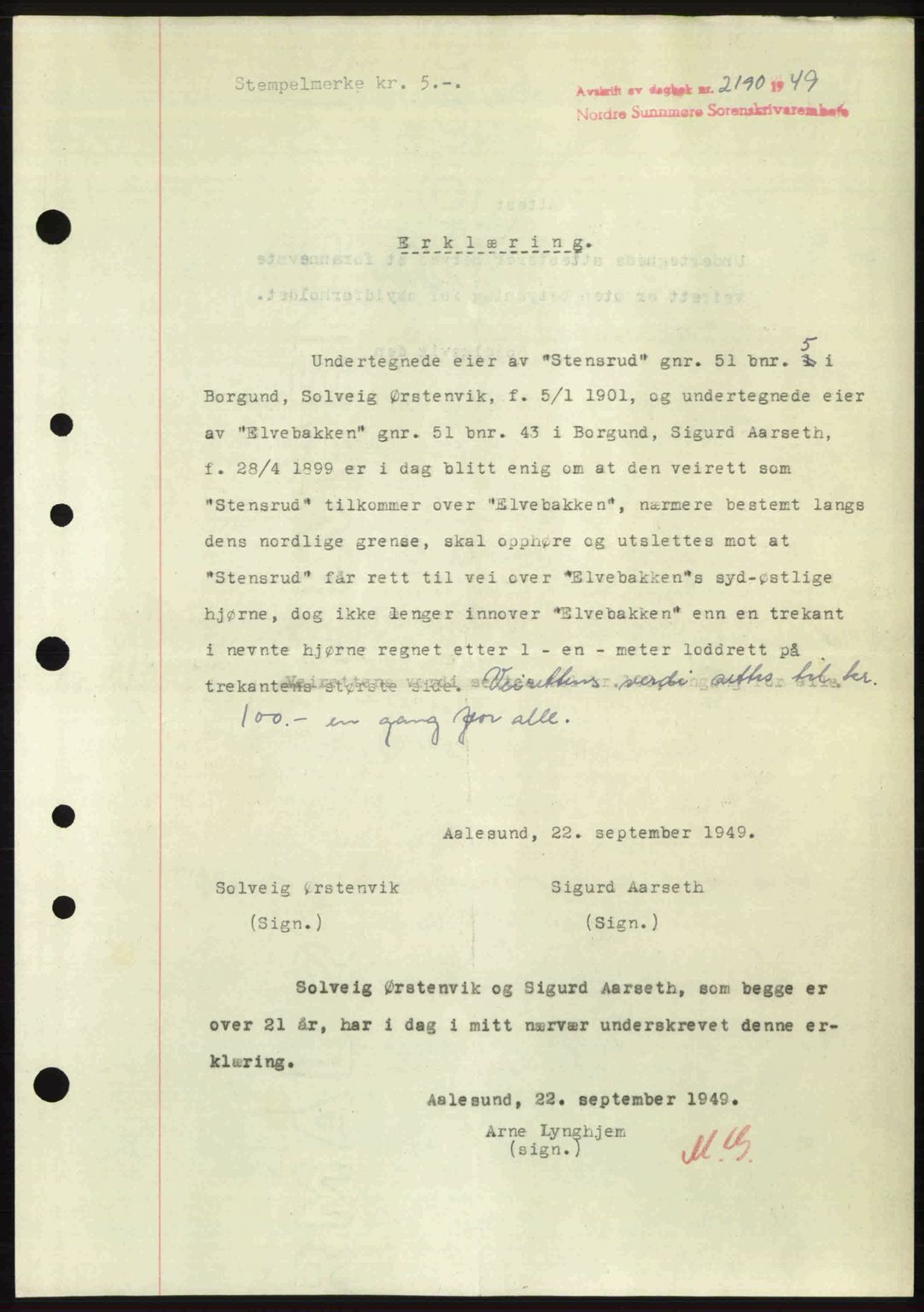 Nordre Sunnmøre sorenskriveri, AV/SAT-A-0006/1/2/2C/2Ca: Mortgage book no. A32, 1949-1949, Diary no: : 2190/1949